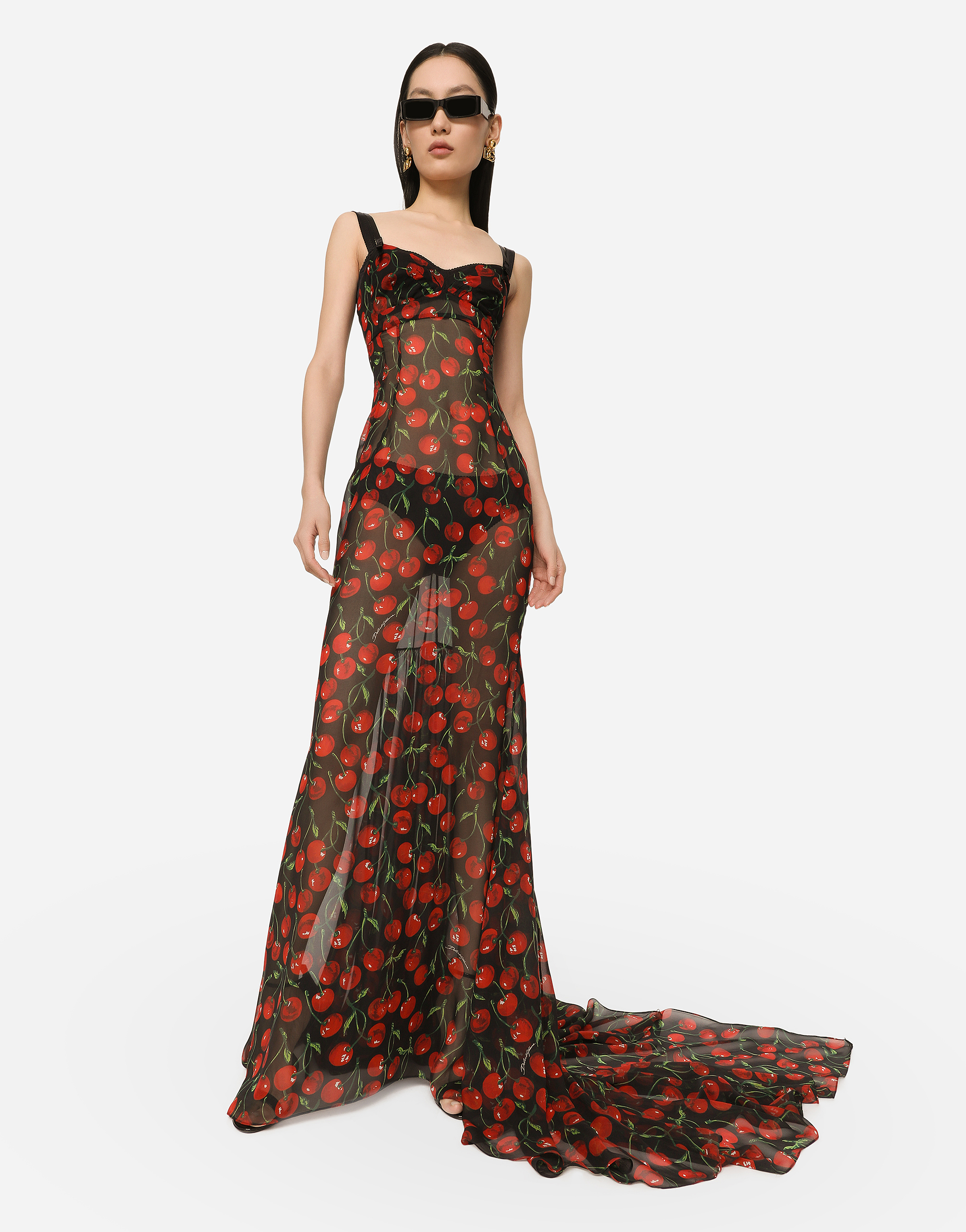 DOLCE & GABBANA LONG CHERRY-PRINT CHIFFON DRESS WITH TRAIN