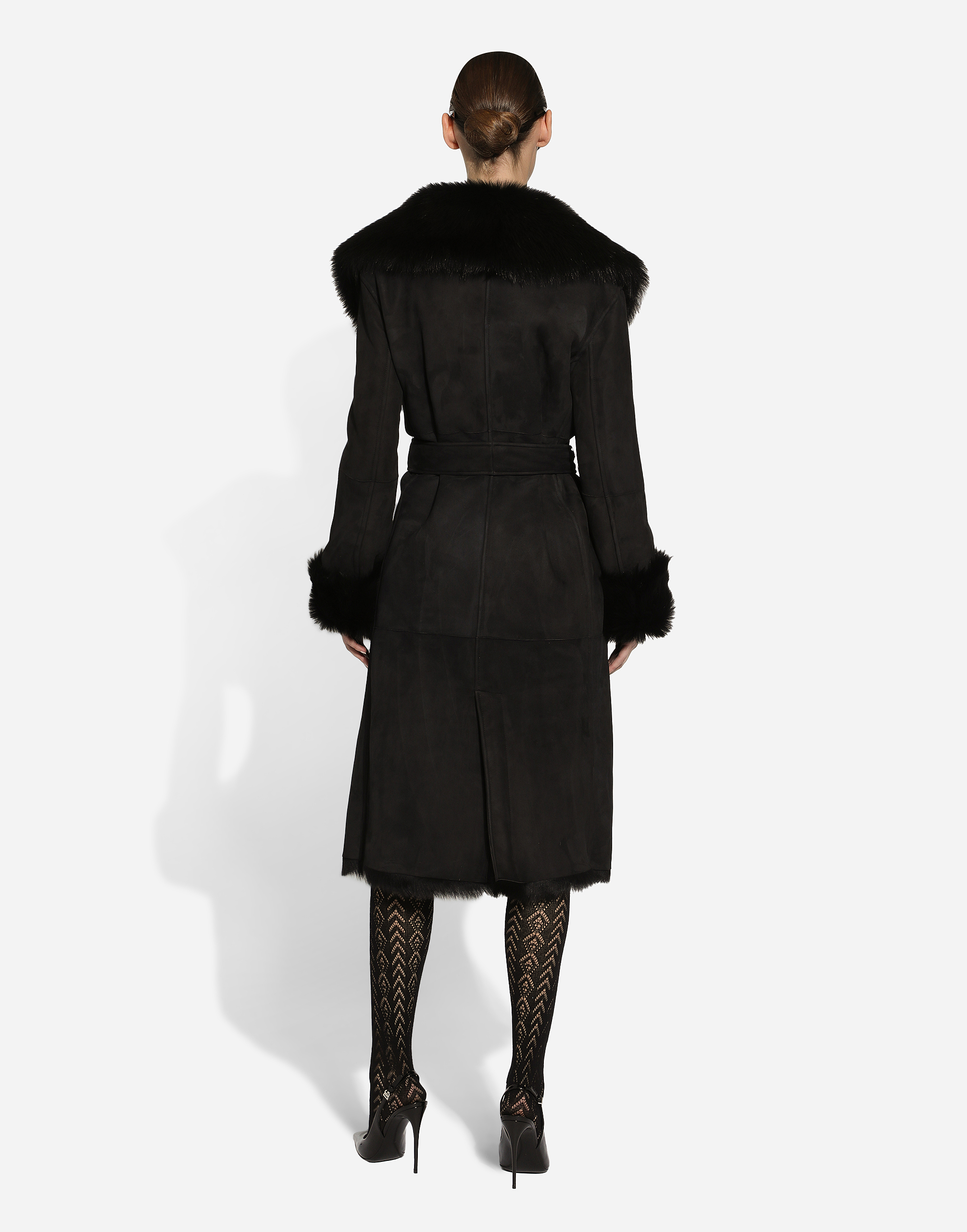  Dolce & Gabbana Abrigo En Piel De Cordero Con Borreguito Y Cinturón - Mujer Abrigos Y Chaquetones Negro 42 