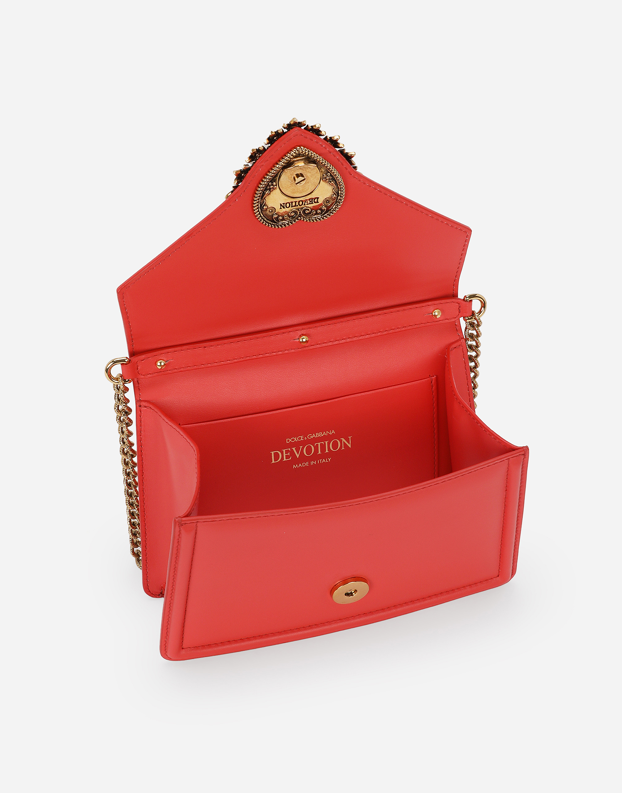 Dolce & Gabbana Small Devotion Handbag In Coral Leather In オレンジ