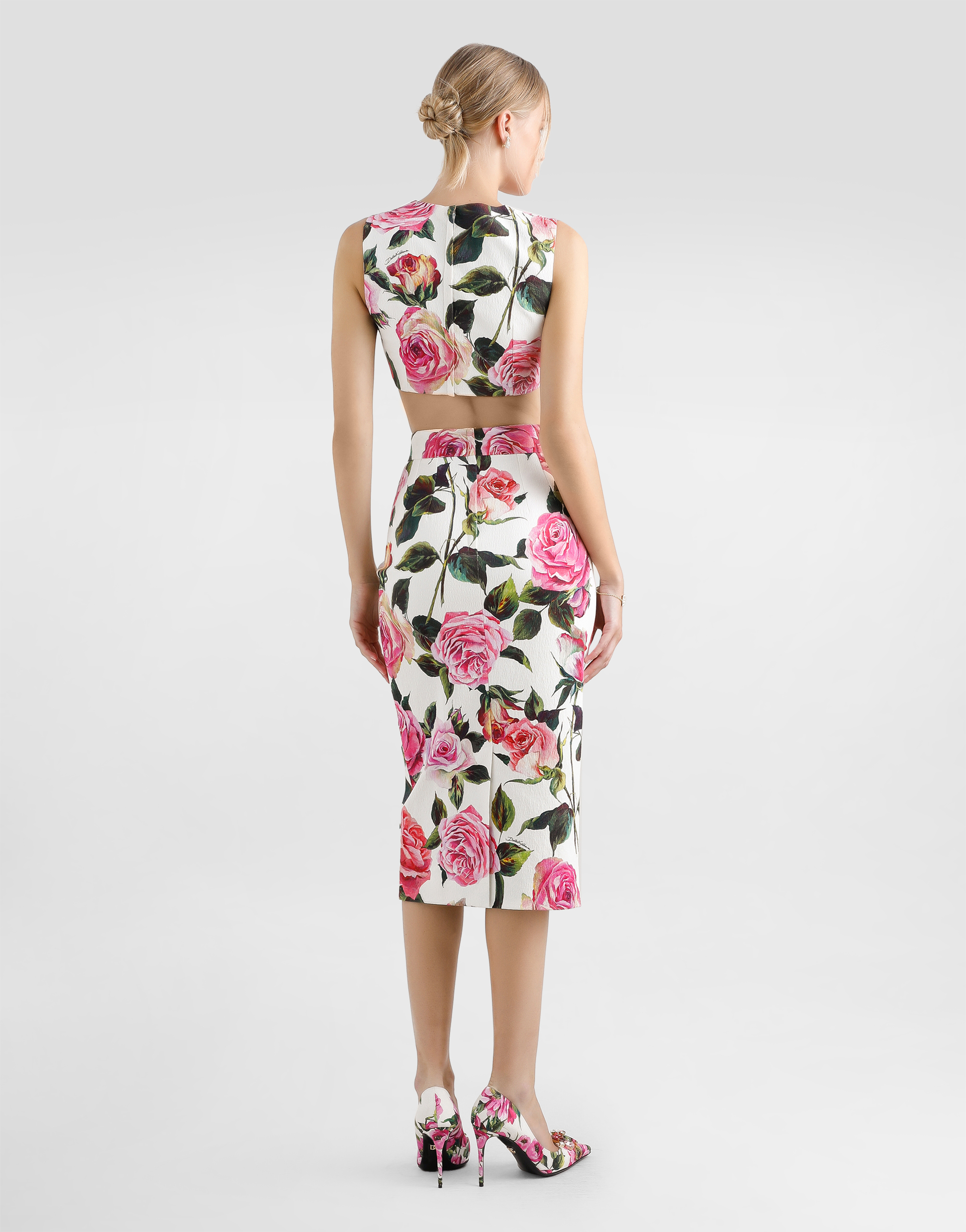 Dolce & Gabbana Jacquard Crop Top With Rose Print In Print