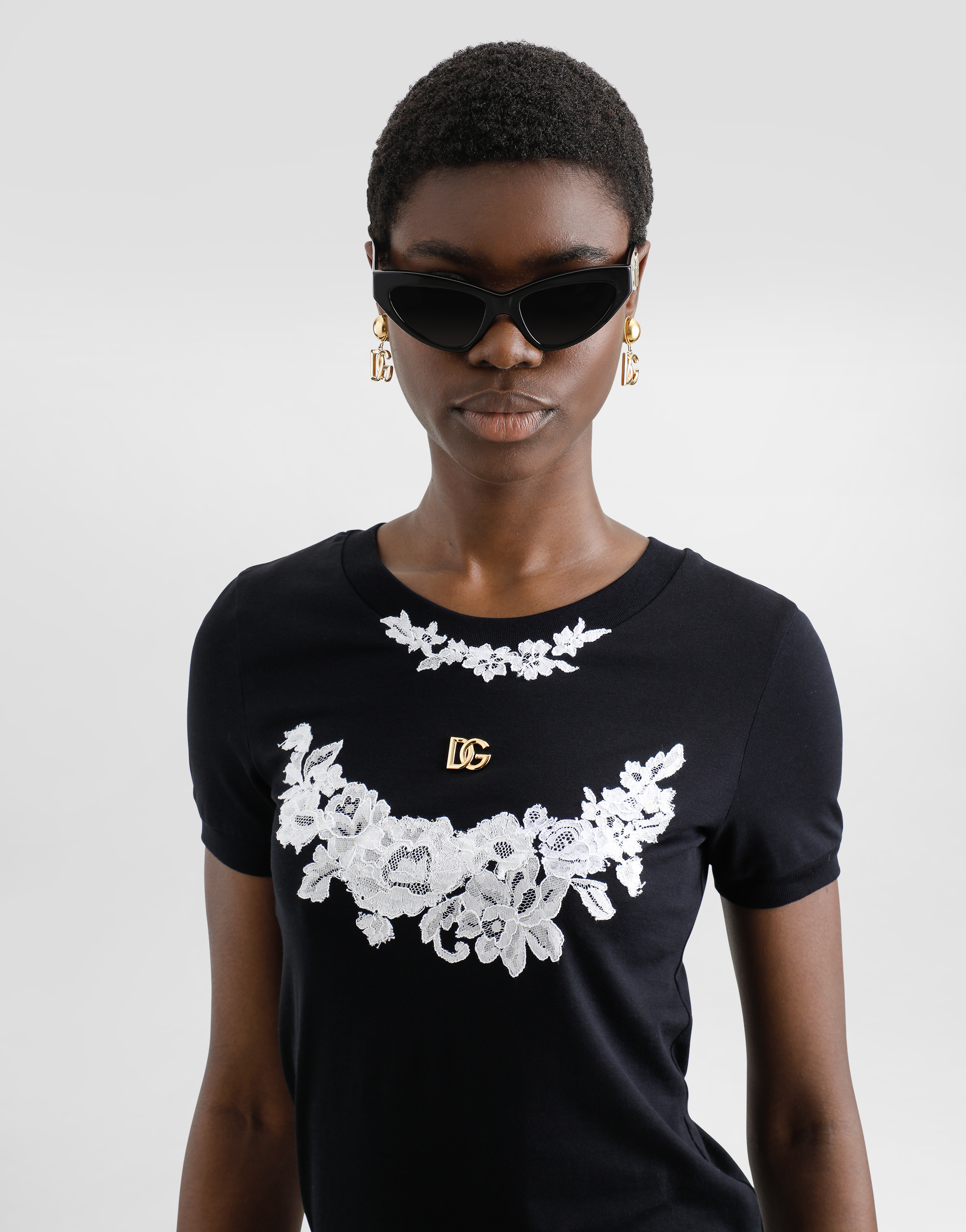 Dolce & Gabbana Jersey T-shirt With Dg Logo And Lace Details In Black
