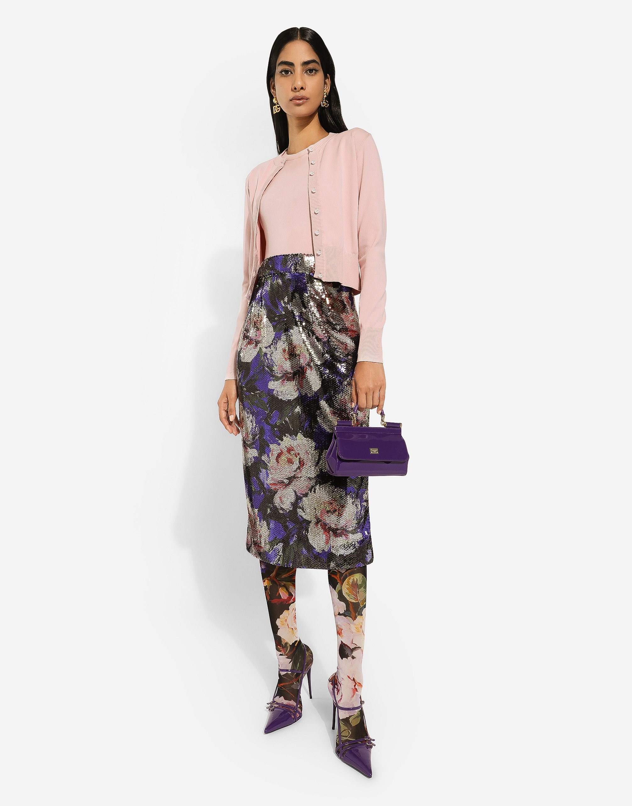 Shop Dolce & Gabbana Sequined Midi Skirt With Peony Print