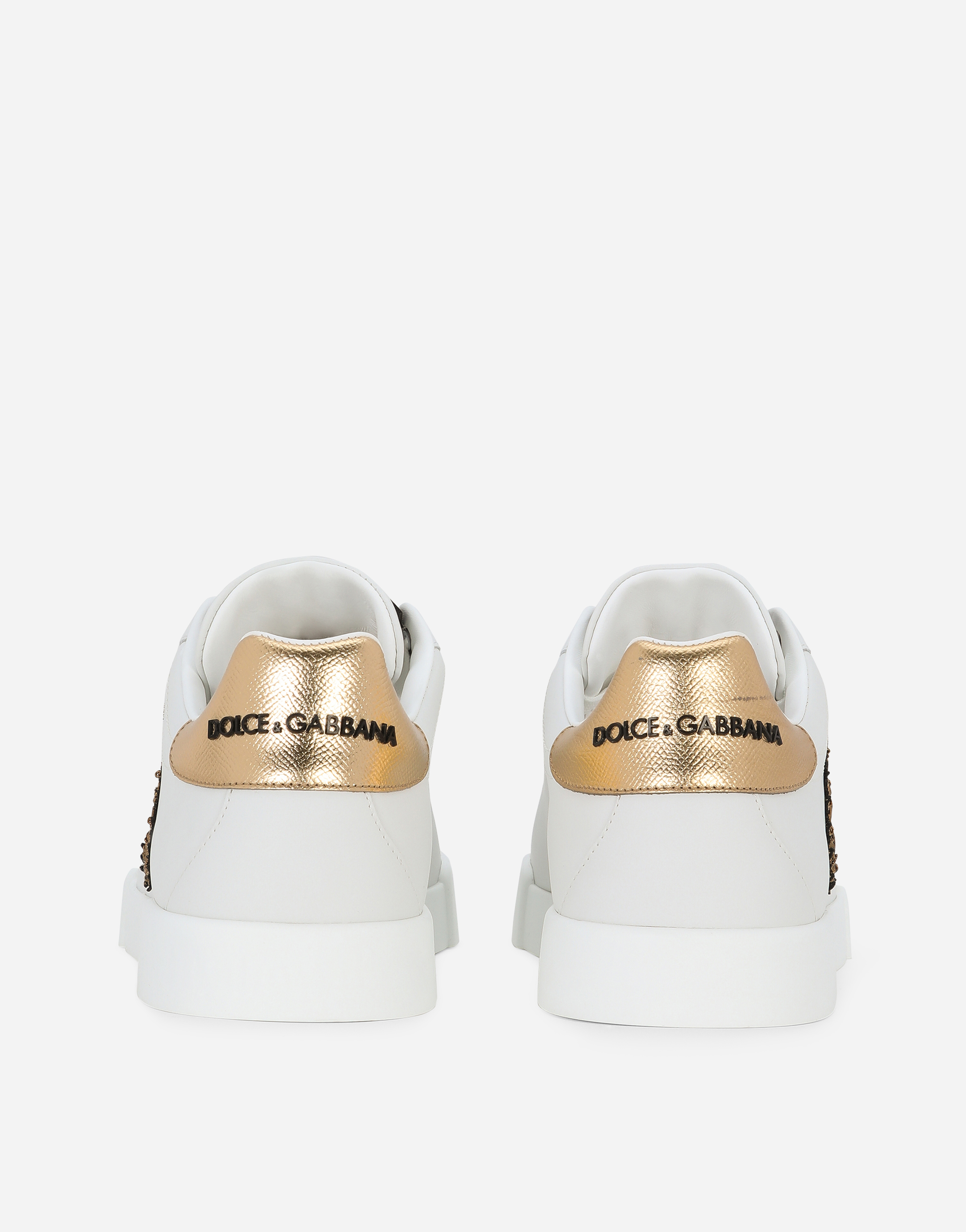 Dolce & Gabbana Iconic Leather Sneakers With Embroidered Crest And Luxurious Detailing In White/gold