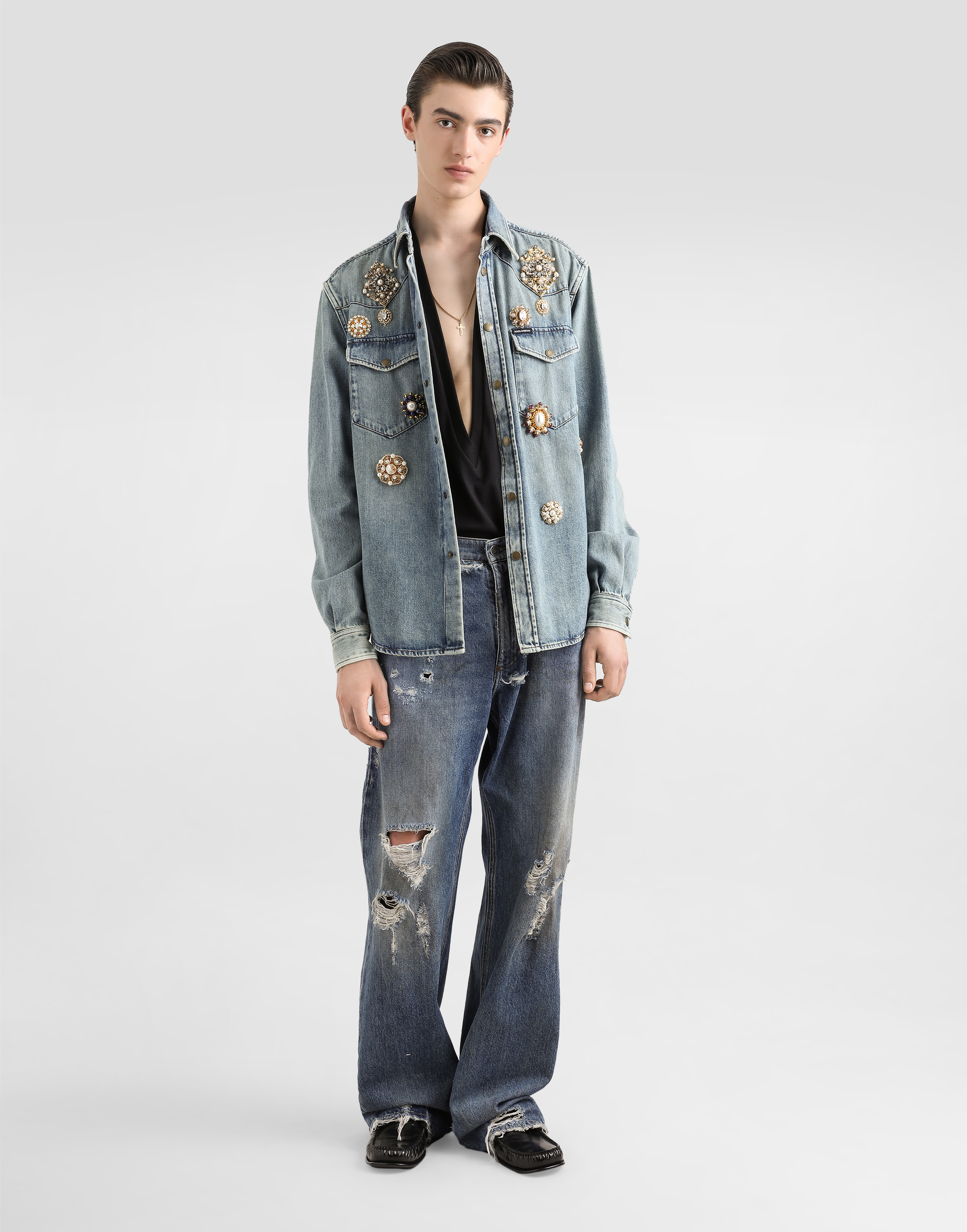 Denim shirt with bejeweled appliqués