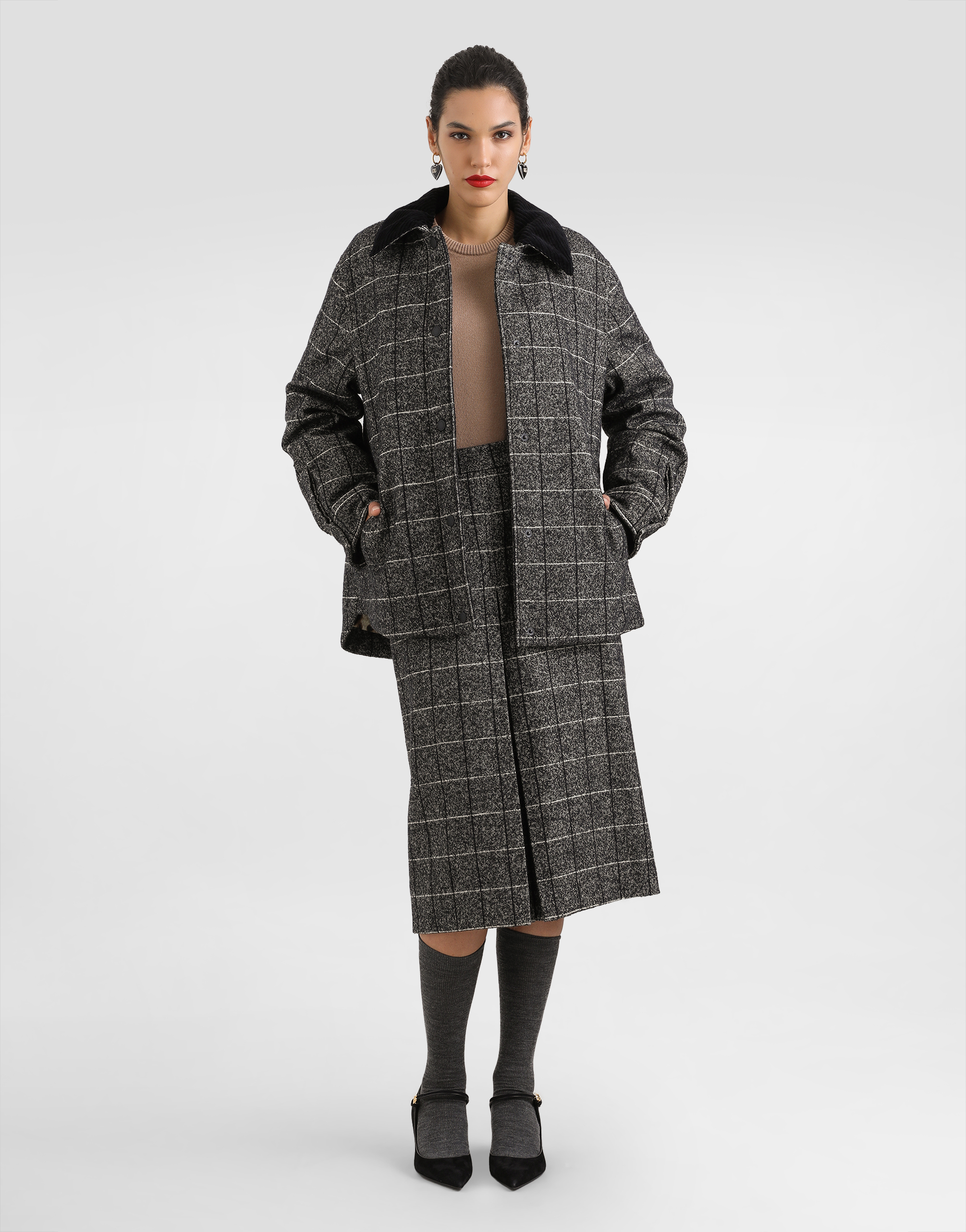 Dolce & Gabbana Checked Corduroy-collar Jacket In Gray
