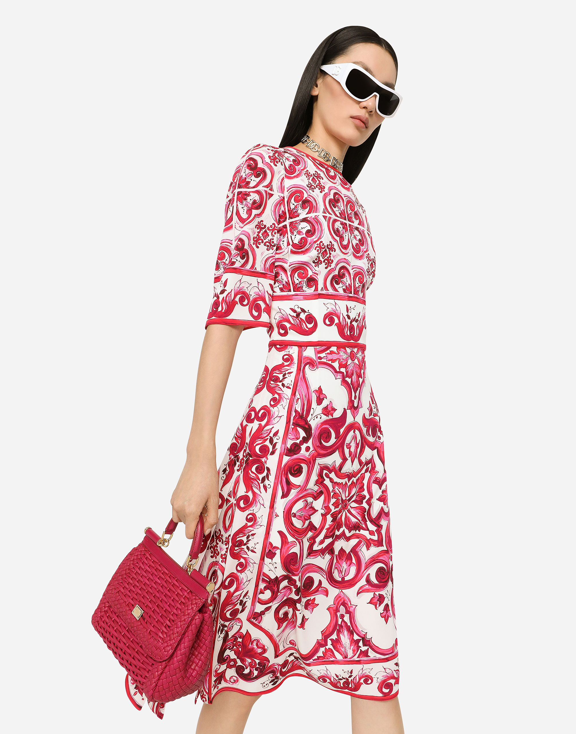DOLCE & GABBANA MAJOLICA-PRINT CHARMEUSE MIDI DRESS