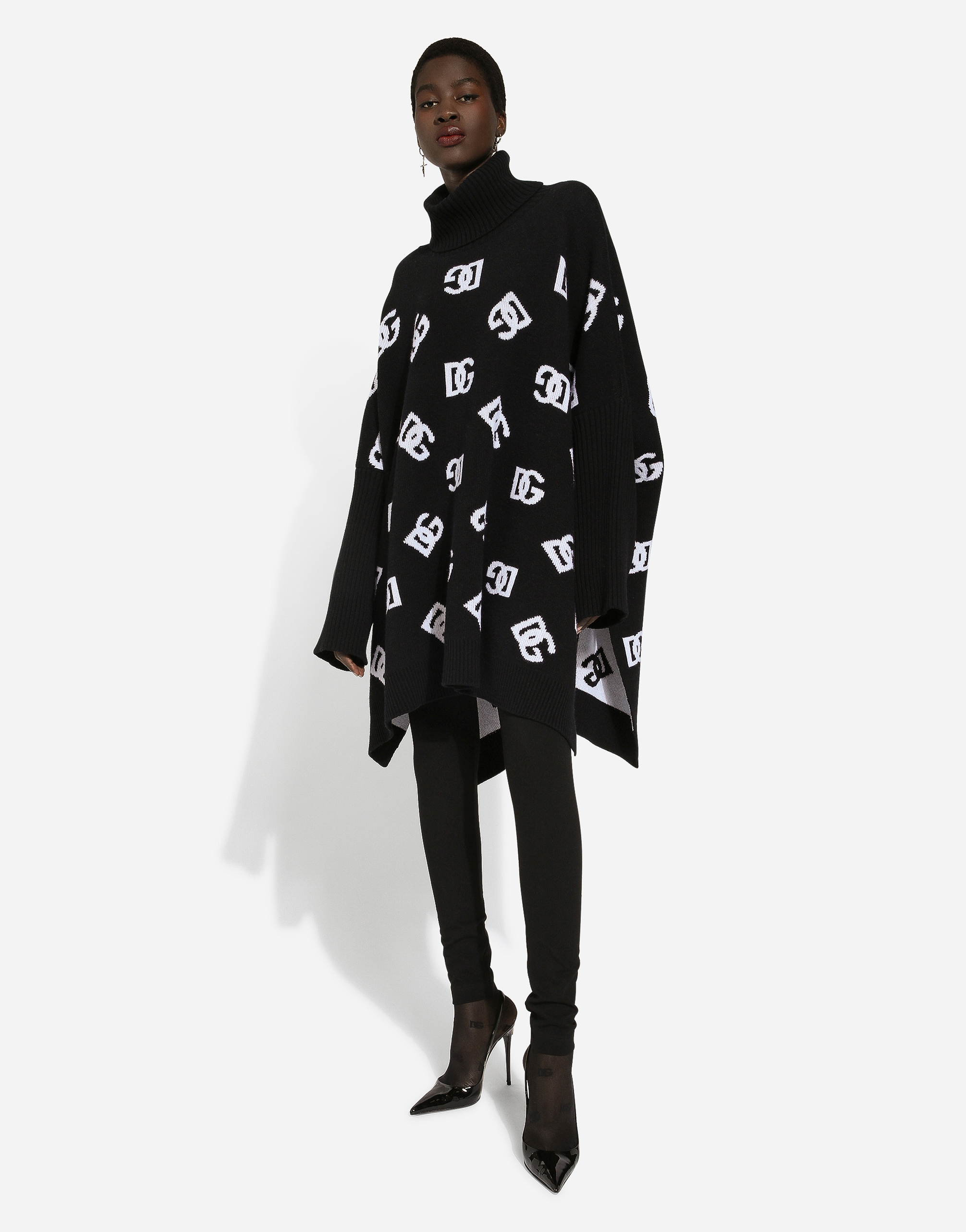 Dolce & Gabbana Wool Poncho With Jacquard Dg Logo In Print