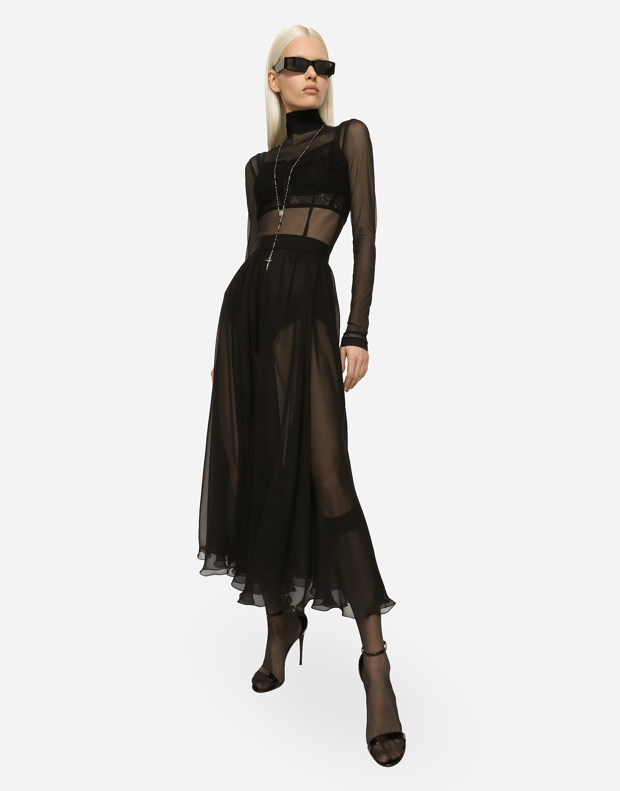 Shop Dolce & Gabbana High-waisted Chiffon Circle Skirt In Black