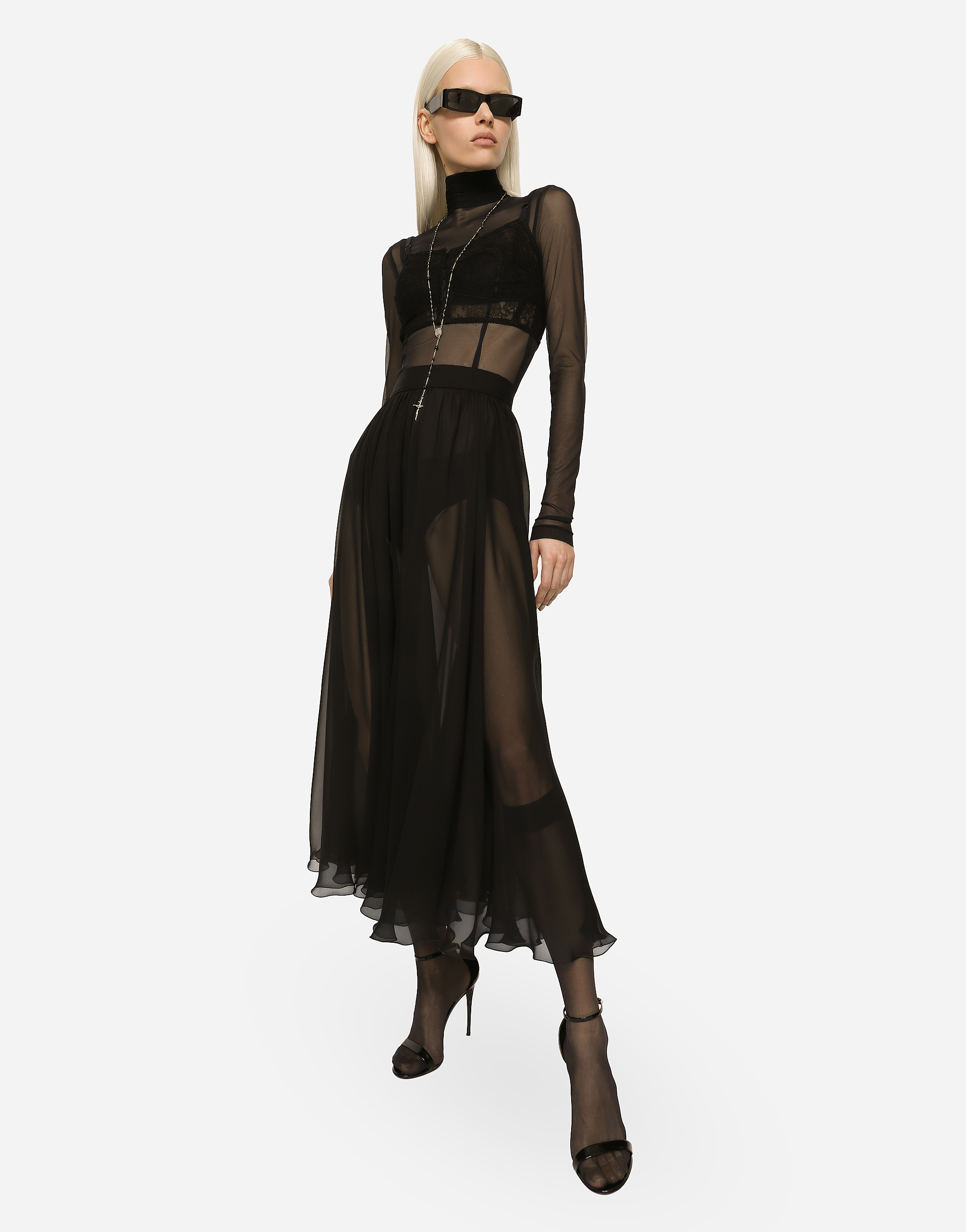 Dolce & Gabbana High-waisted Chiffon Circle Skirt In Black