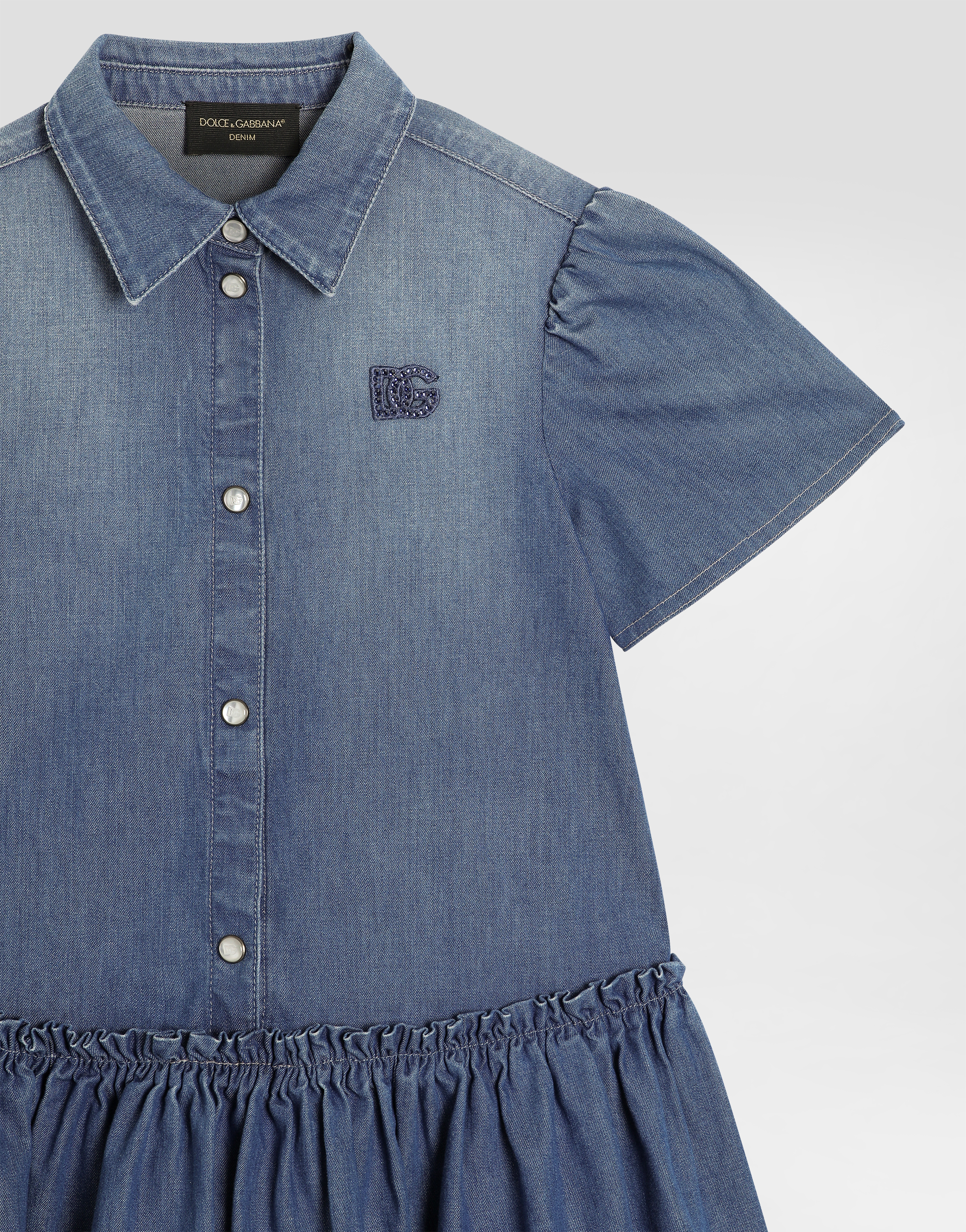 Dolce & Gabbana Washed Chambray Dress With Logo Embroidery In Blue