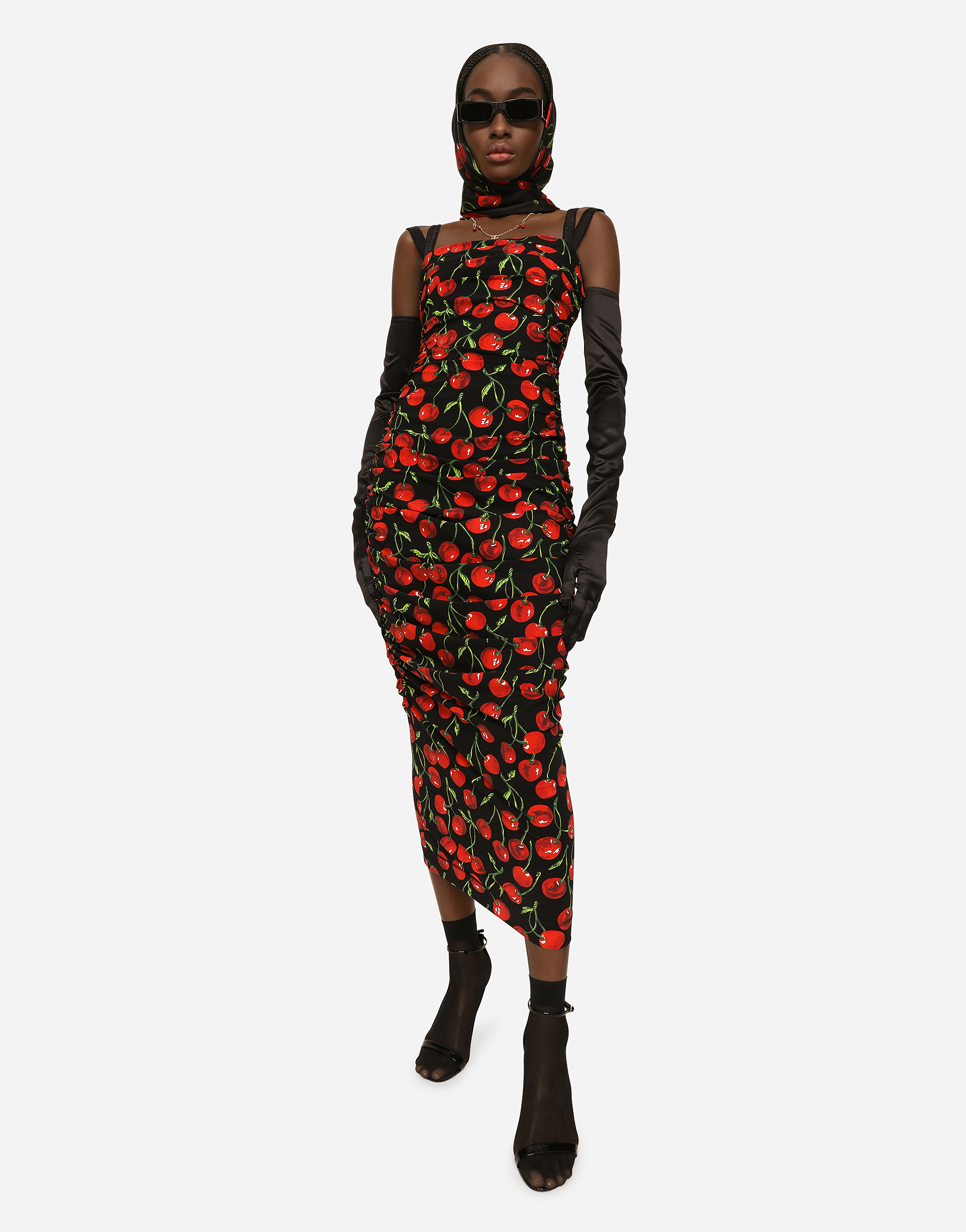 DOLCE & GABBANA CHERRY-PRINT JERSEY CALF-LENGTH DRESS WITH DRAPING