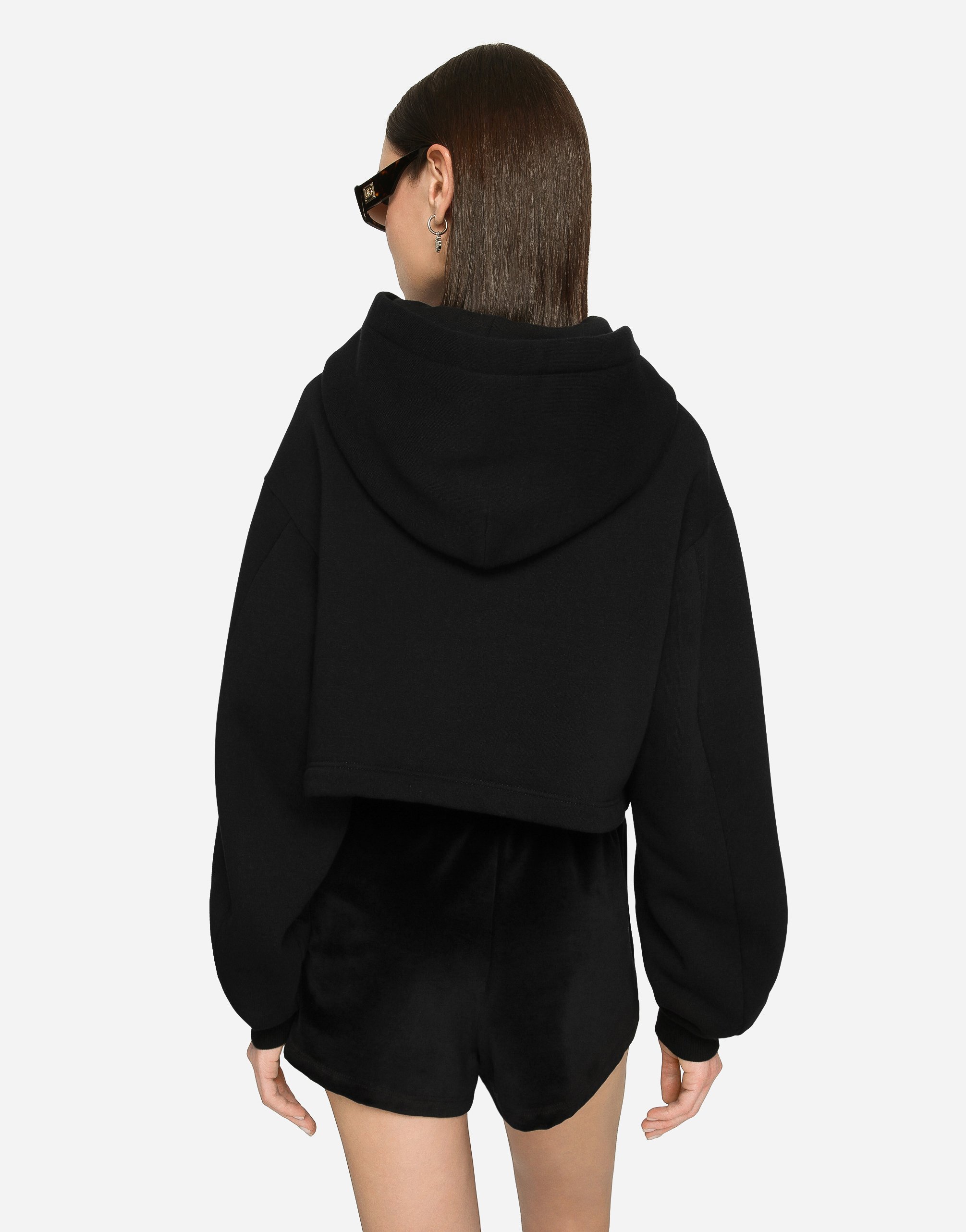 Shop Dolce & Gabbana Cropped Jersey Hoodie With Embroidered Dg Patch In Black