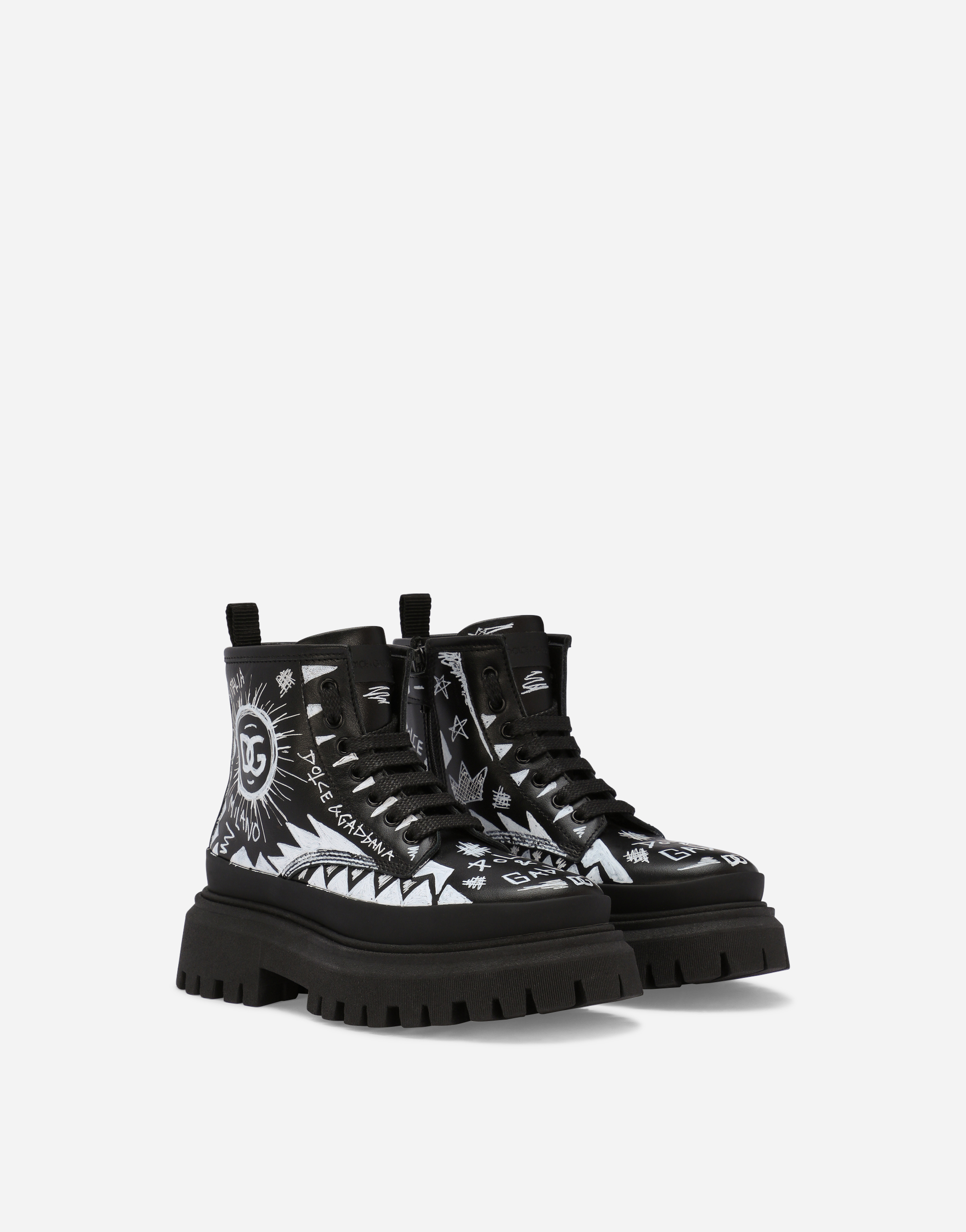 DOLCE & GABBANA CALFSKIN COMBAT BOOTS WITH GRAFFITI PRINT