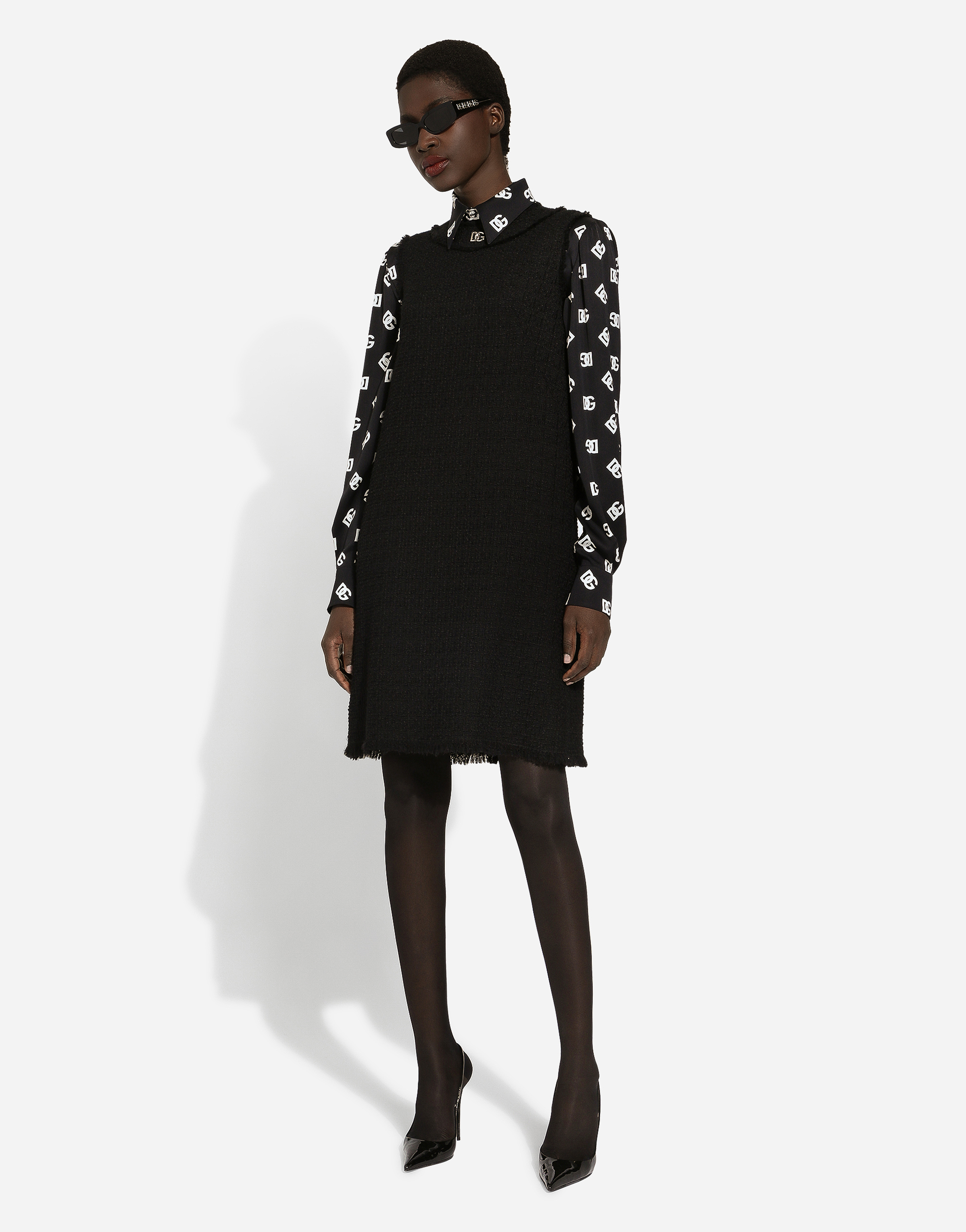 DOLCE & GABBANA RASCHEL TWEED CALF-LENGTH DRESS WITH DG LOGO