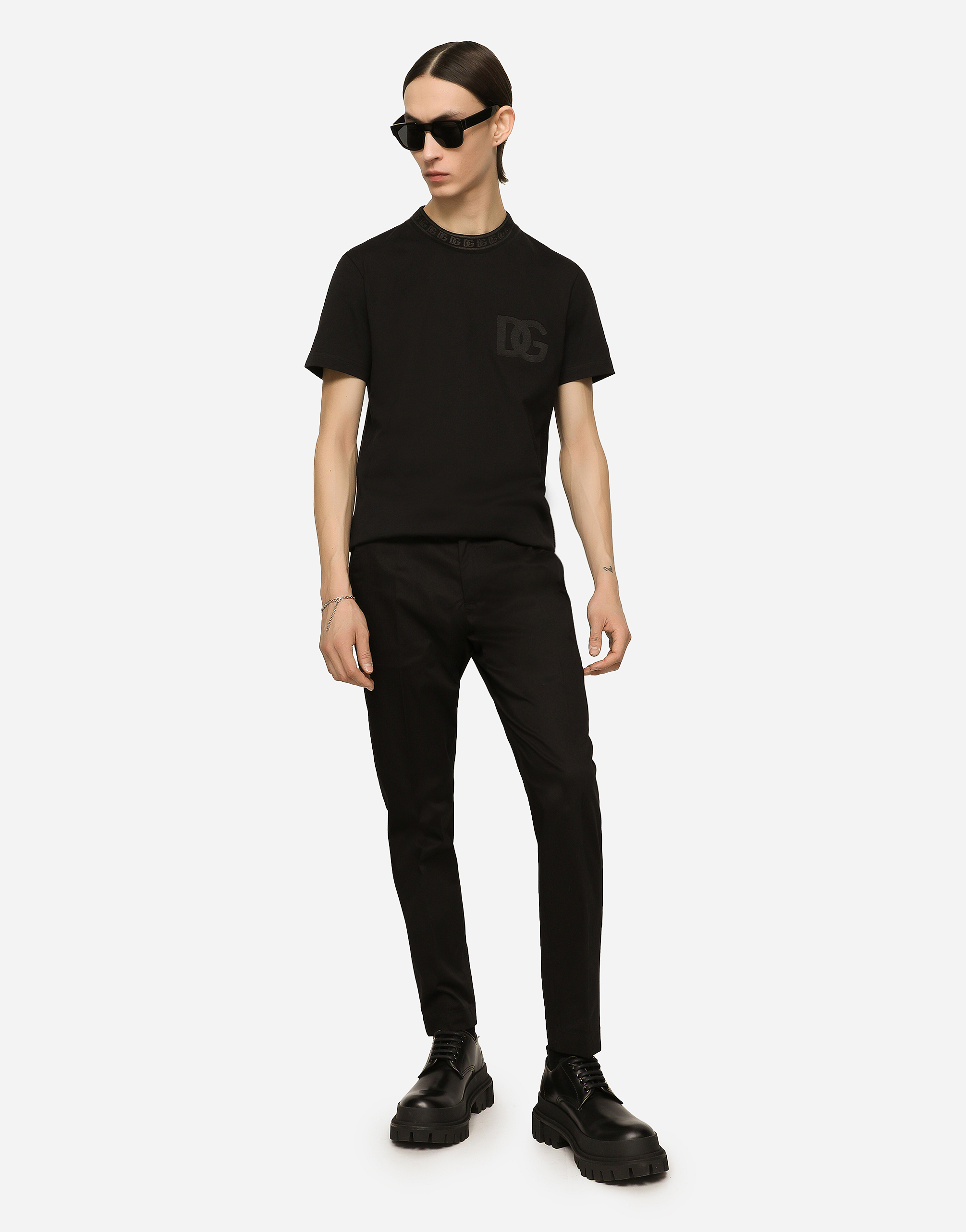 DOLCE & GABBANA COTTON ROUND-NECK T-SHIRT WITH DG EMBROIDERY