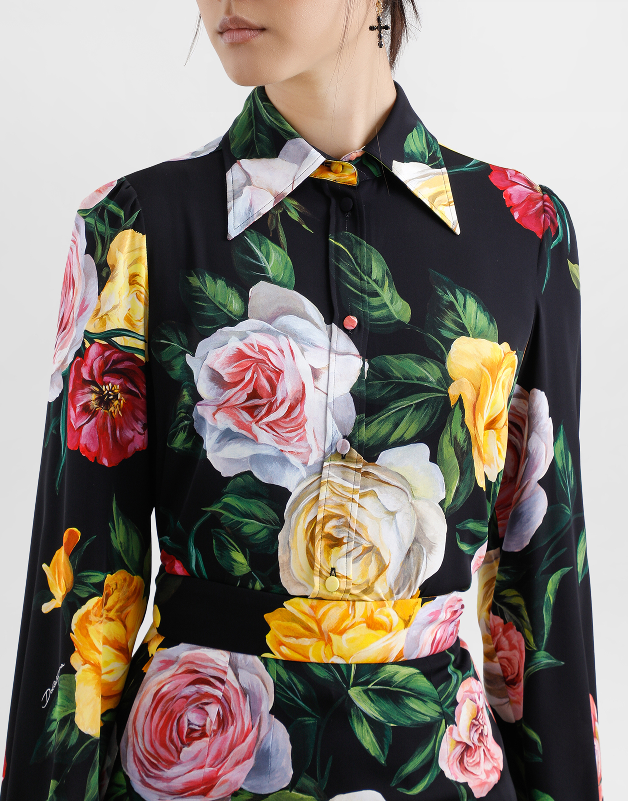 Dolce & Gabbana Multicolor Shirt With Oversize Pointed Collar And All-over Floral Motif In Silk Stretch Woman In Print