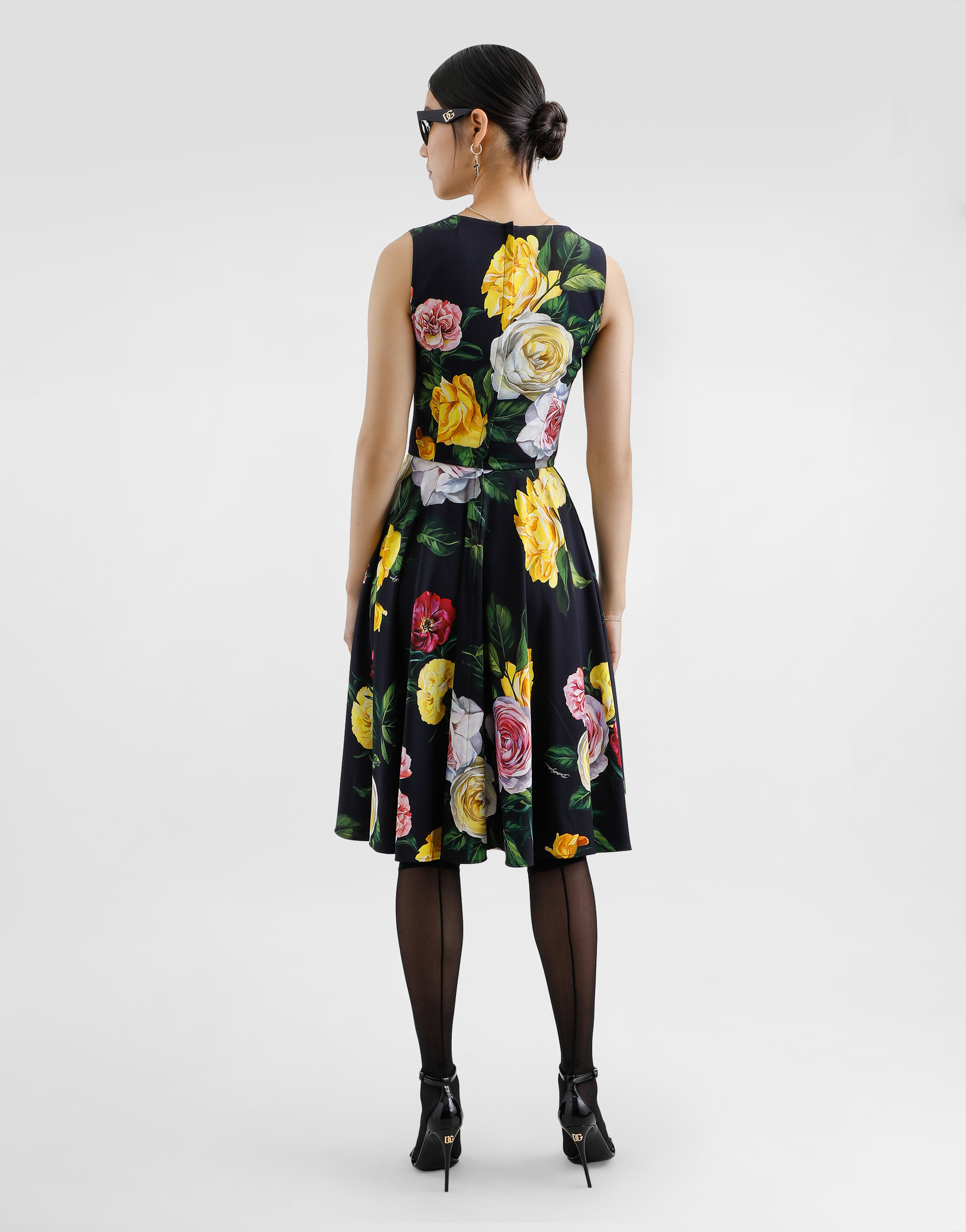 Shop Dolce & Gabbana Peony And Rose-print Cady Calf-length Dress With Circle Skirt