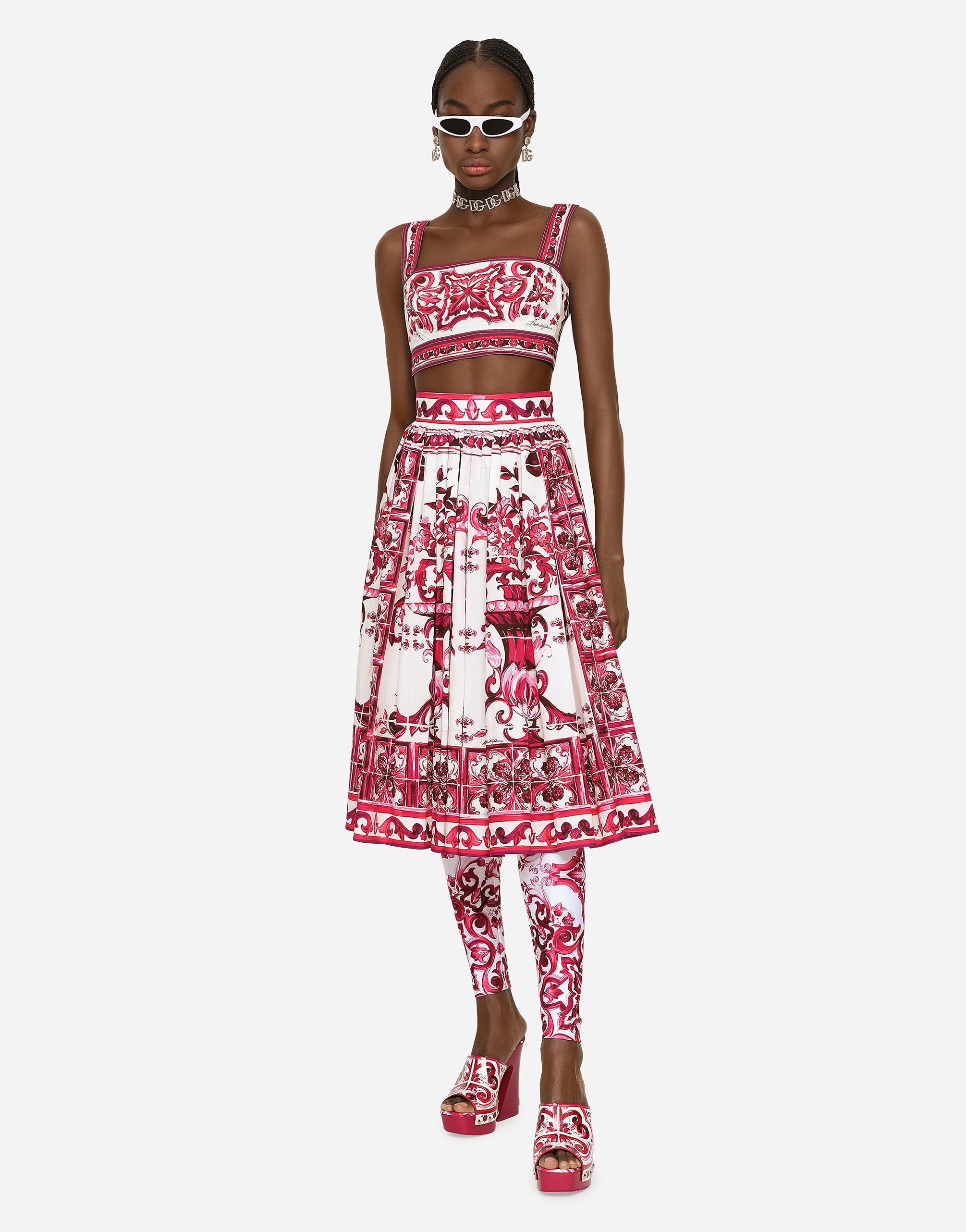 Shop Dolce & Gabbana Poplin Midi Skirt With Majolica Print In Multicolor