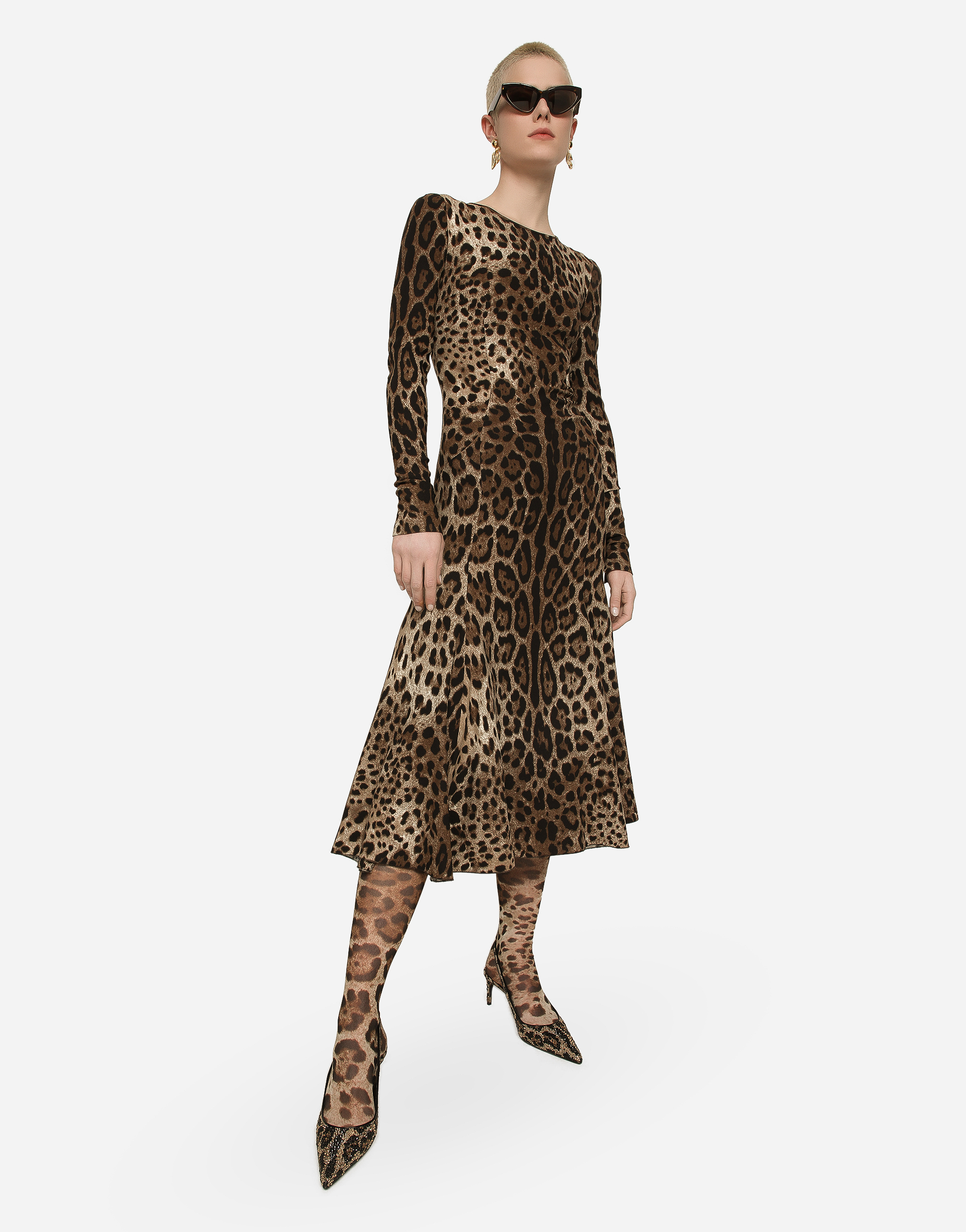 DOLCE & GABBANA LEOPARD-PRINT CALF-LENGTH CADY DRESS
