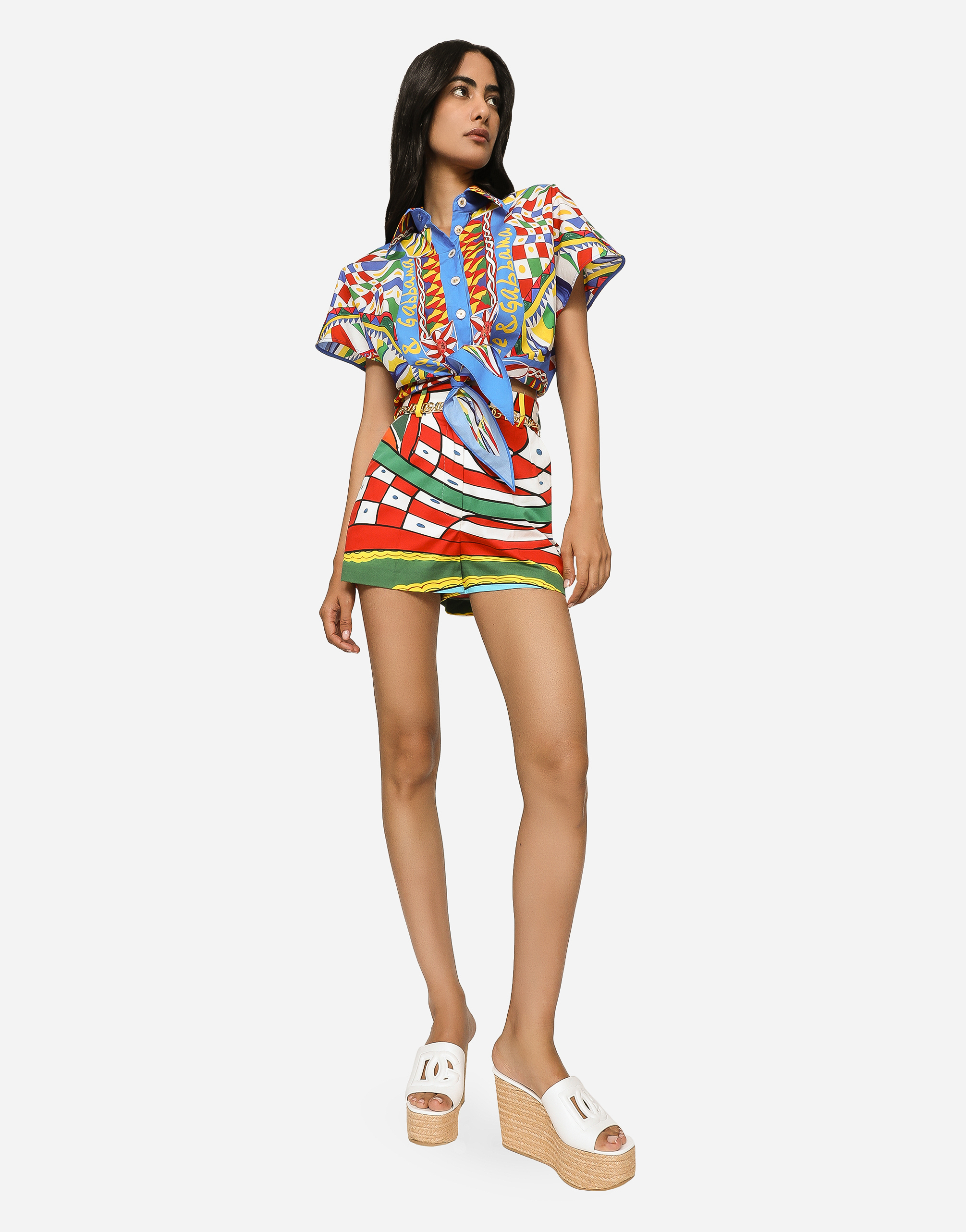 DOLCE & GABBANA SHORT CARRETTO-PRINT POPLIN SHIRT WITH KNOT DETAIL