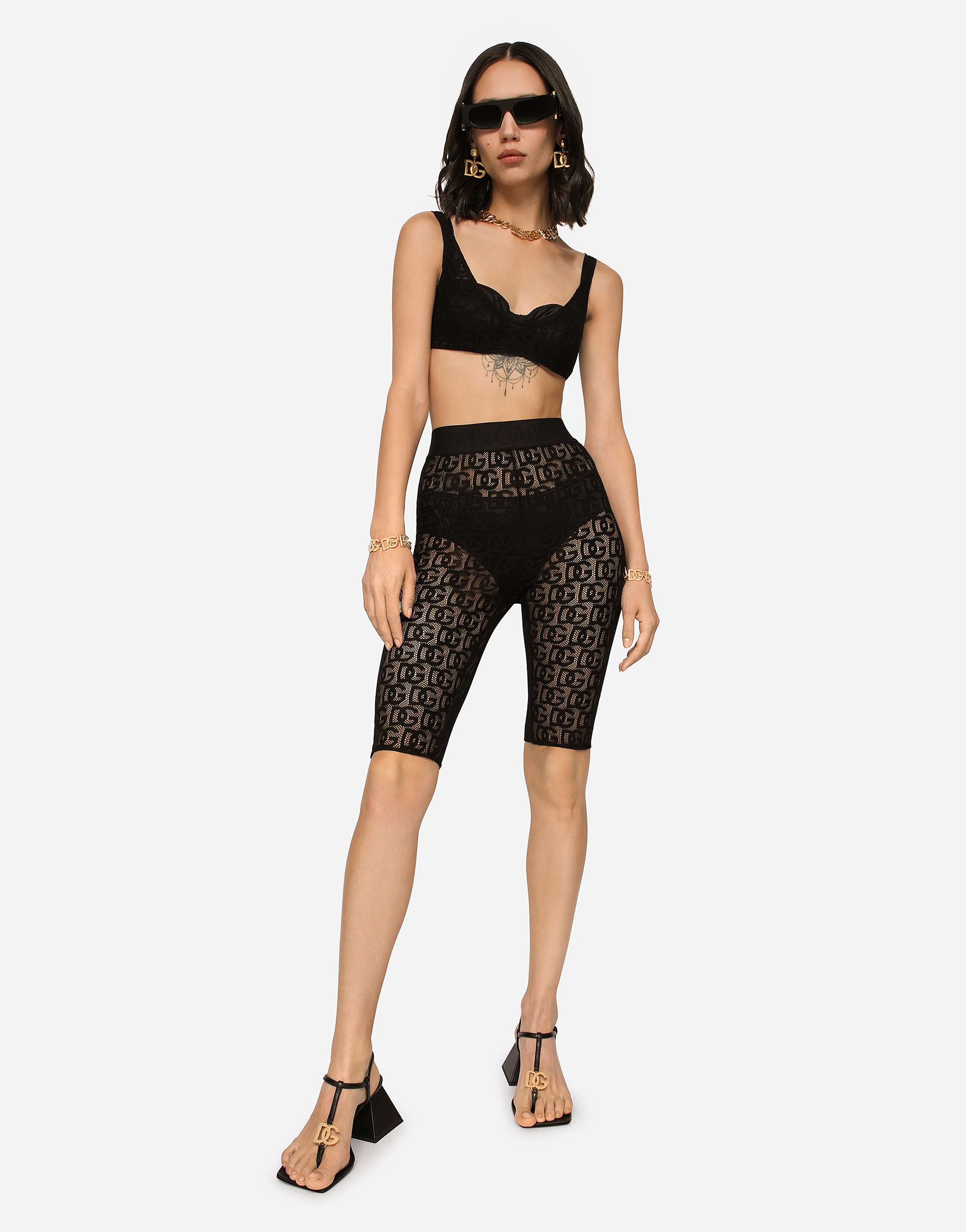 Dolce & Gabbana Tulle Jacquard Top With All-over Dg Logo In Black