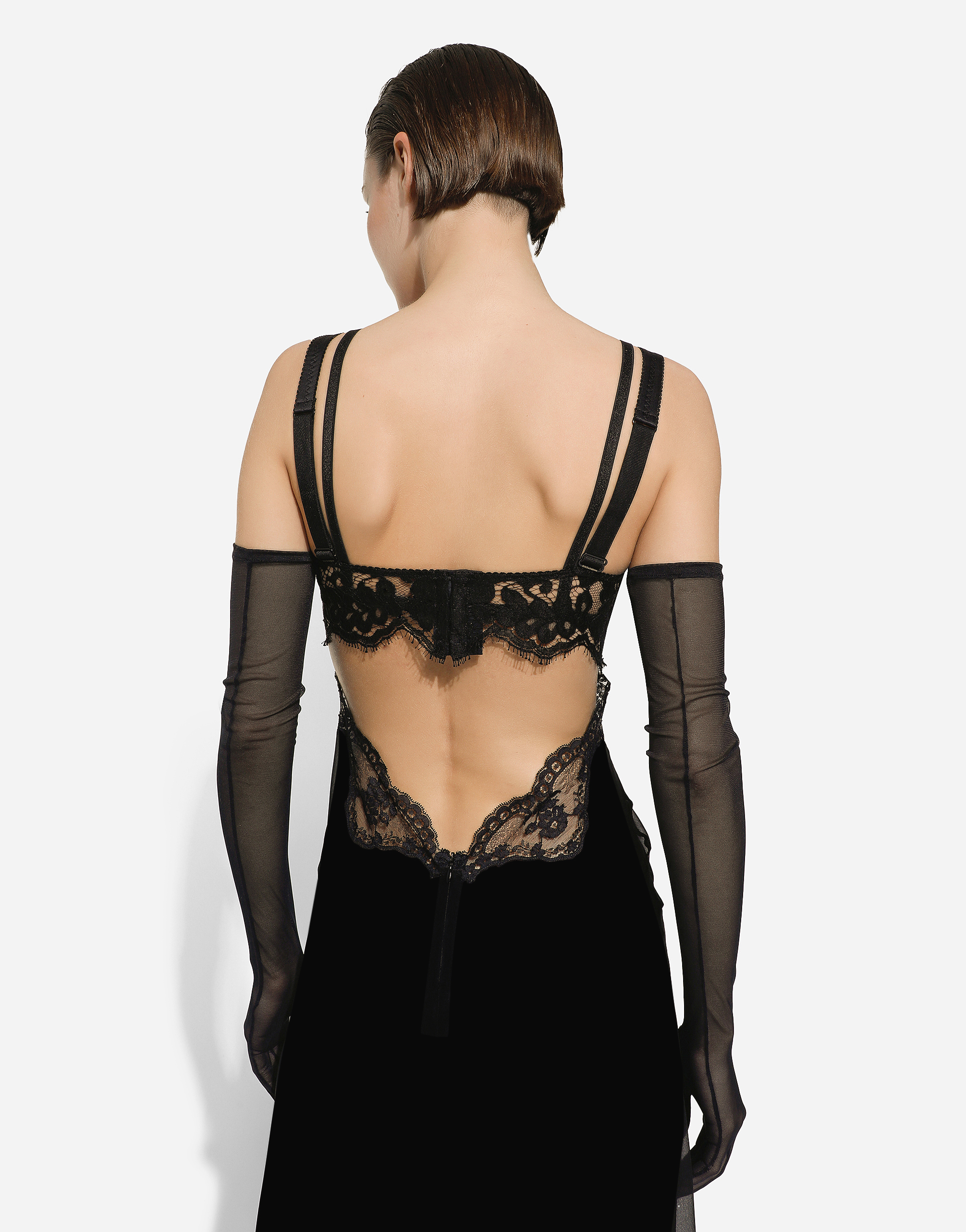 Long silk chiffon dress with lace body