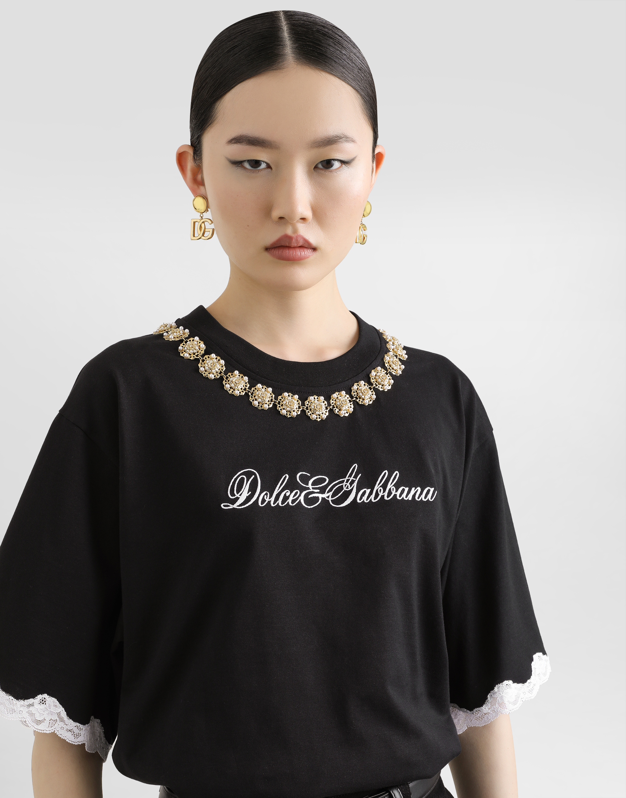  Dolce & Gabbana Jersey T-shirt With Embroidery And Jewel Chains - Woman T-shirts And Sweatshirts Black Xs 