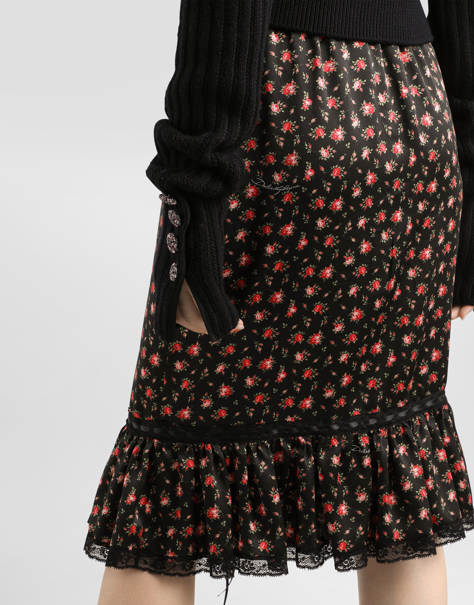 Dolce & Gabbana Small Rose-print Skirt With Flounce In Multi