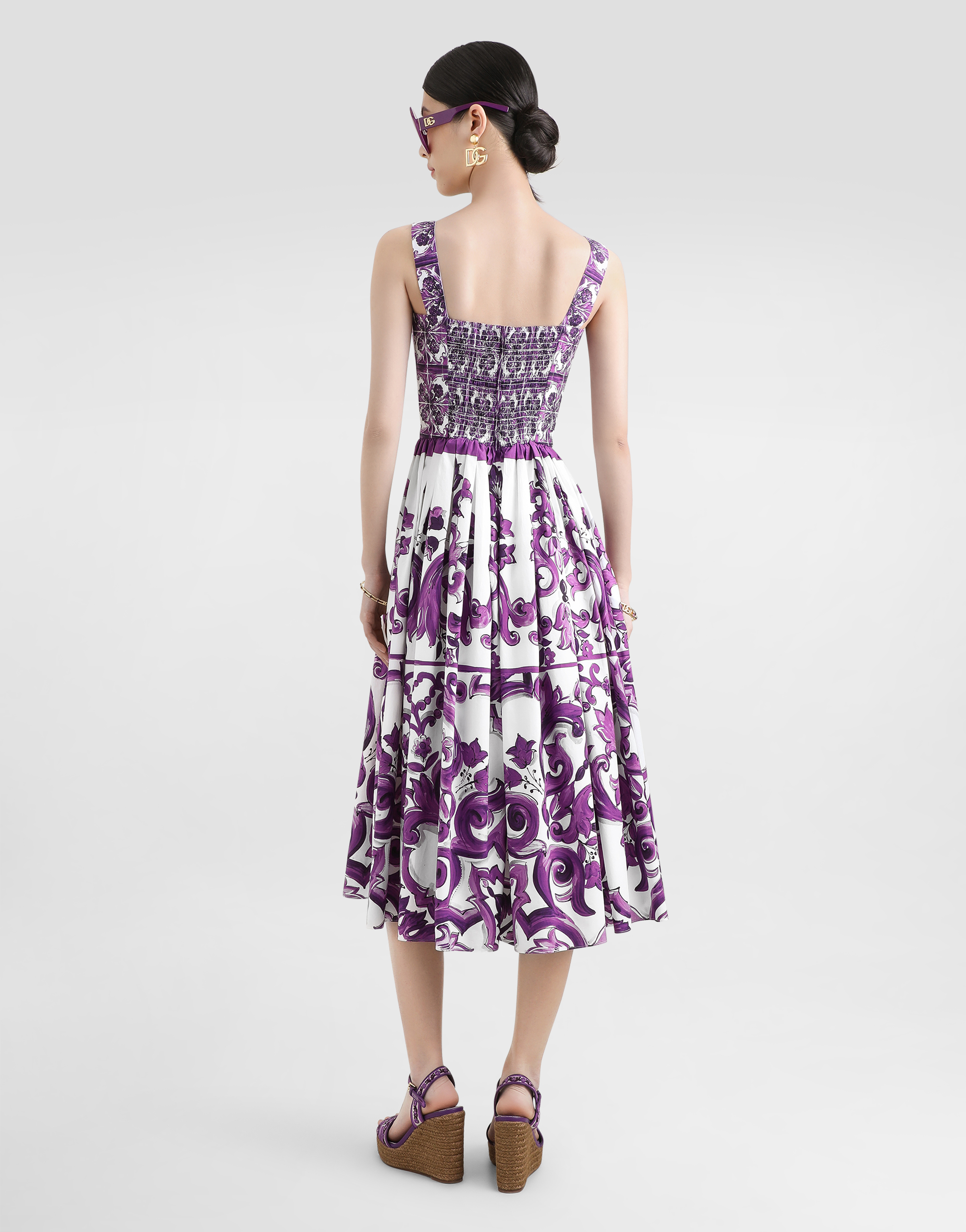 Dolce & Gabbana Women Cotton Midi Dress With Maiolica Print In Purple