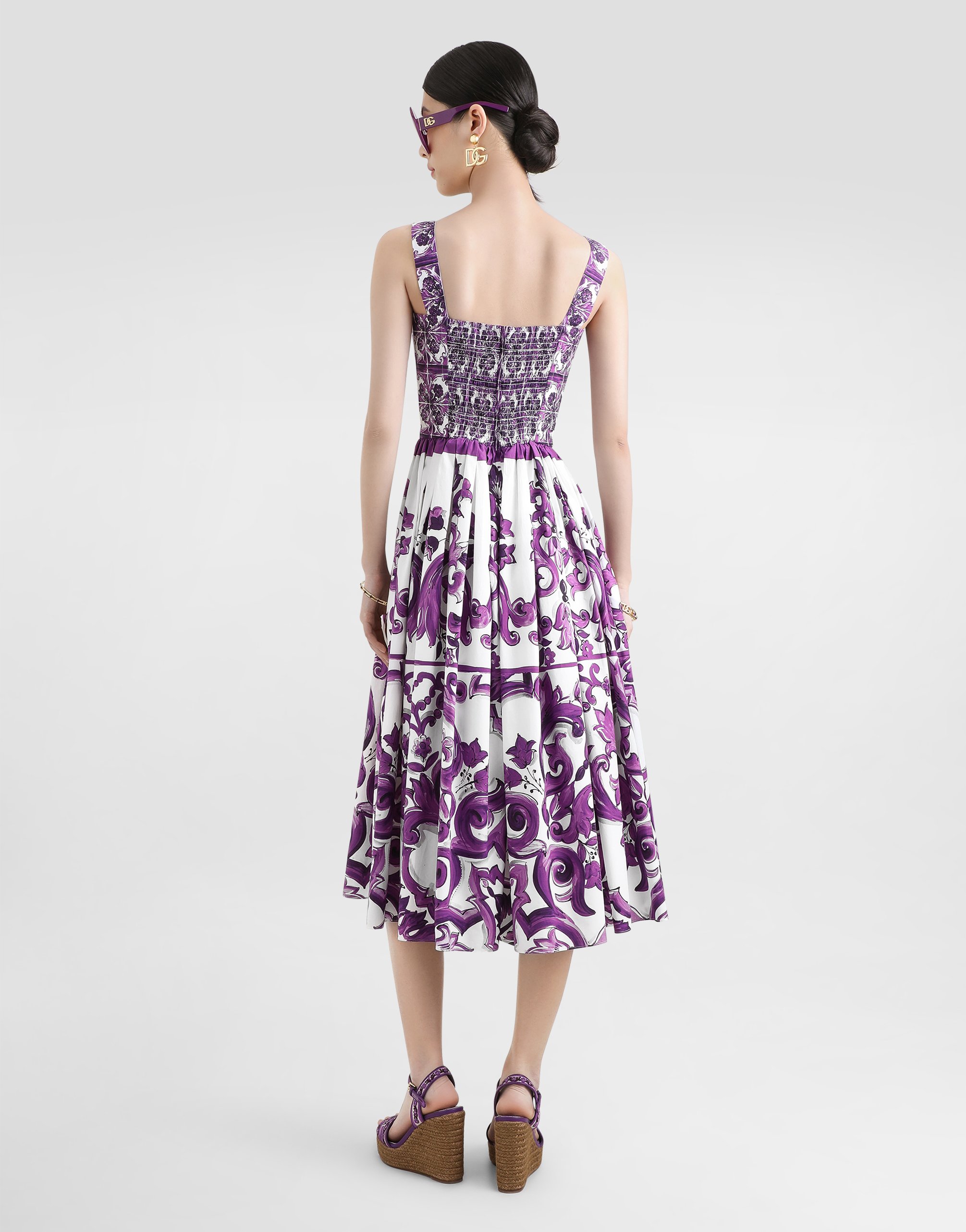 Dolce & Gabbana Women Cotton Midi Dress With Maiolica Print In Purple