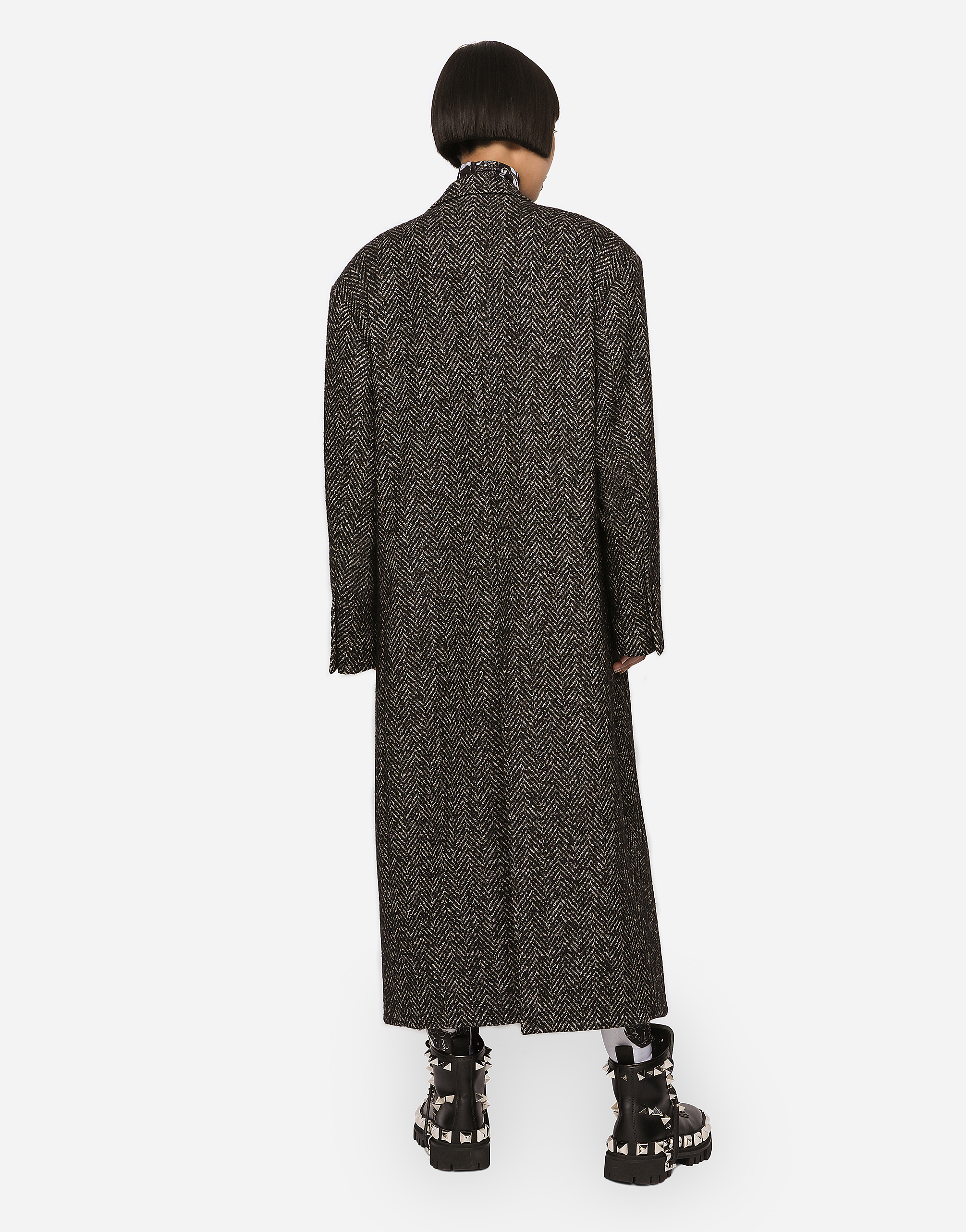 Dolce & Gabbana Oversize Herringbone Coat With Half-belt In Multicolor