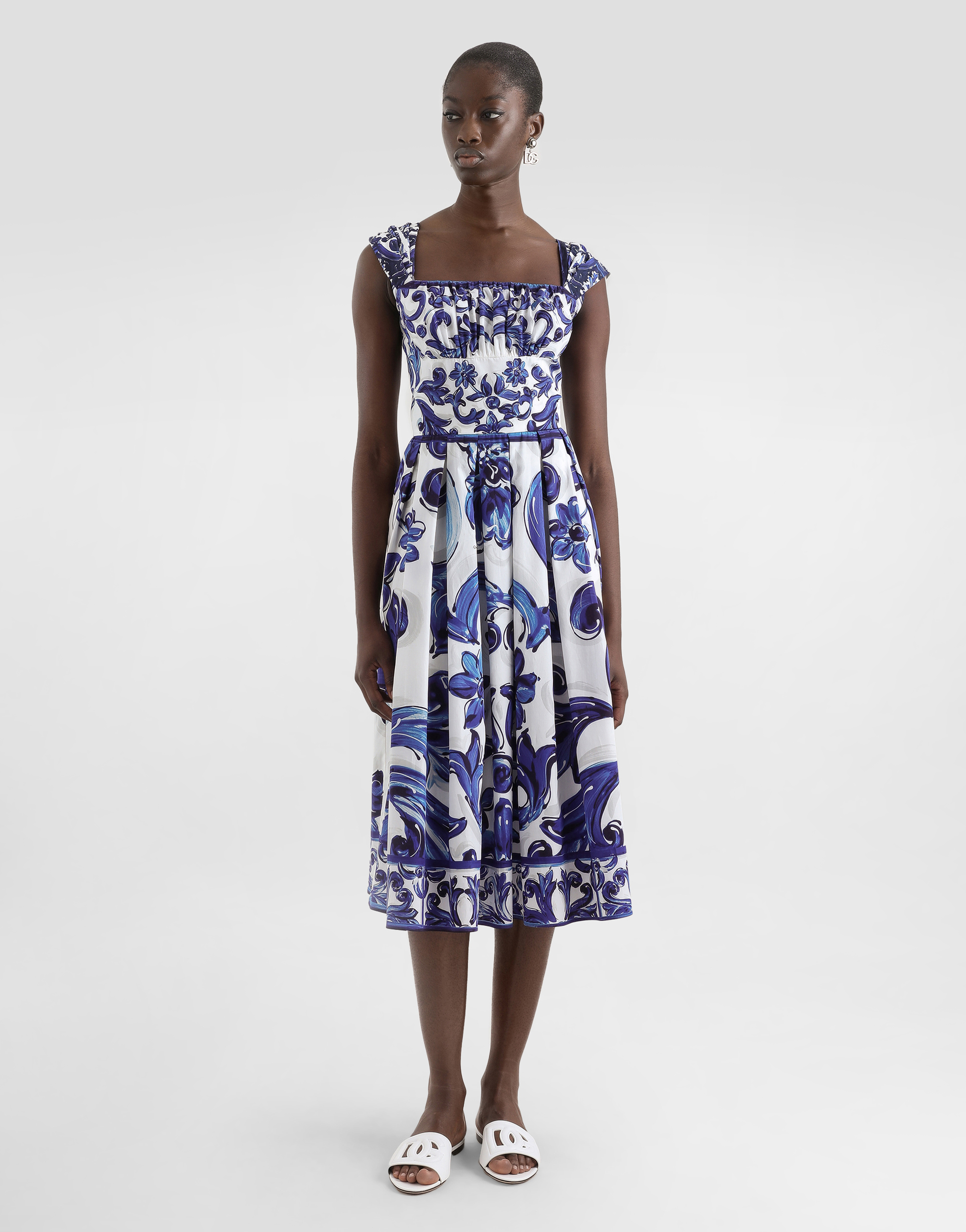 Majolica-print short poplin dress