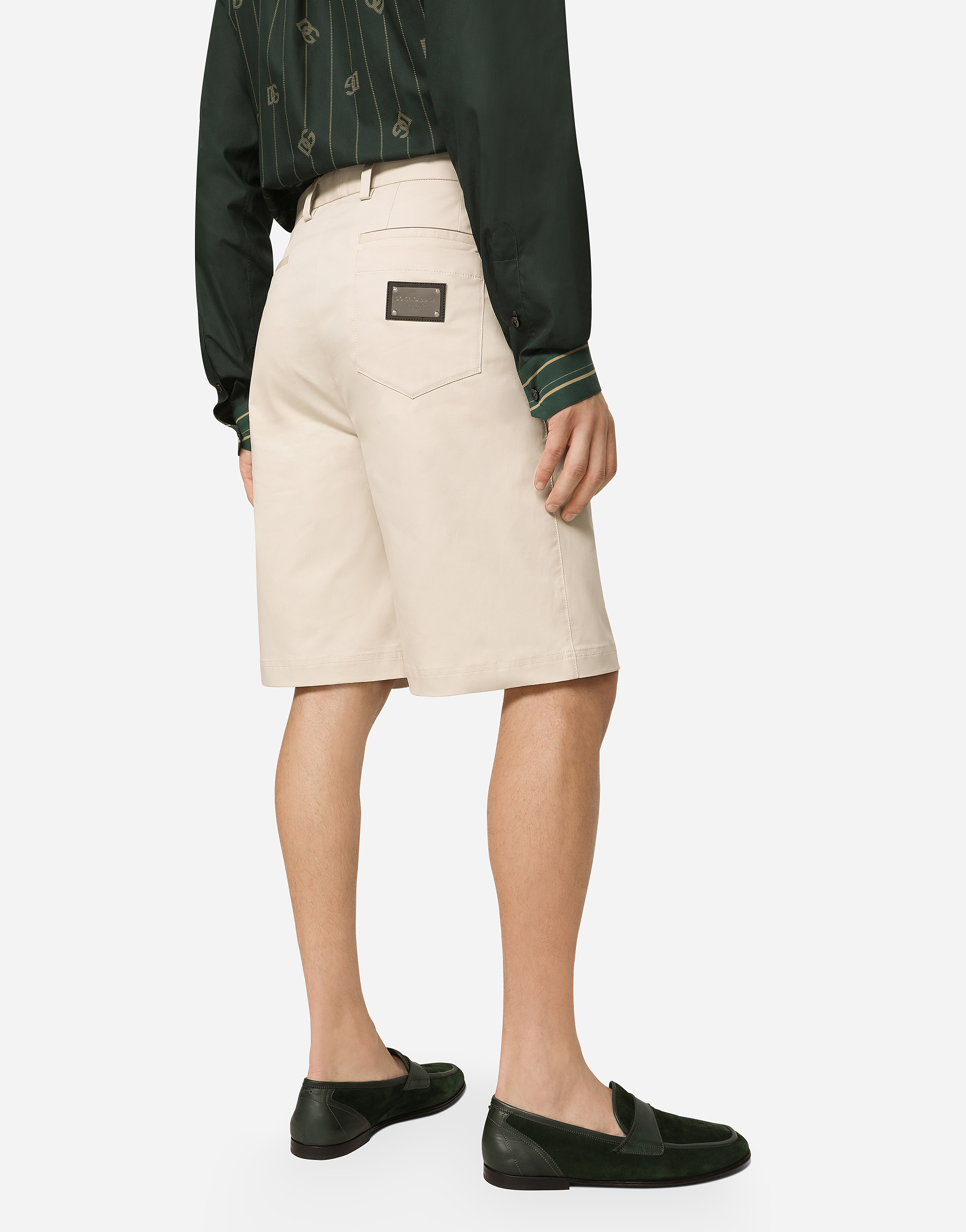 Dolce & Gabbana Stretch Cotton Shorts With Branded Tag In Beige