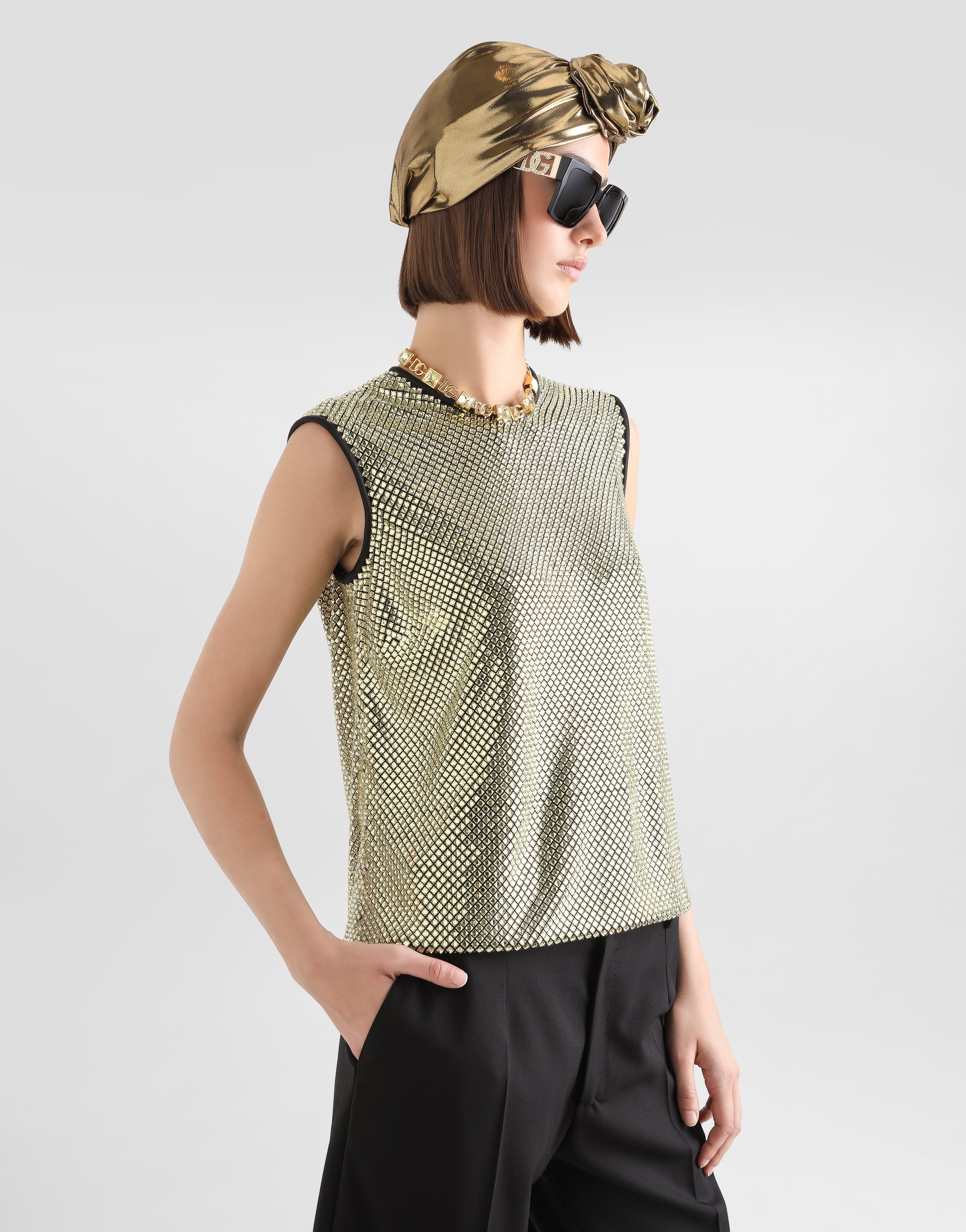 Dolce & Gabbana Sleeveless Blouse In Crystal Mesh In Oro