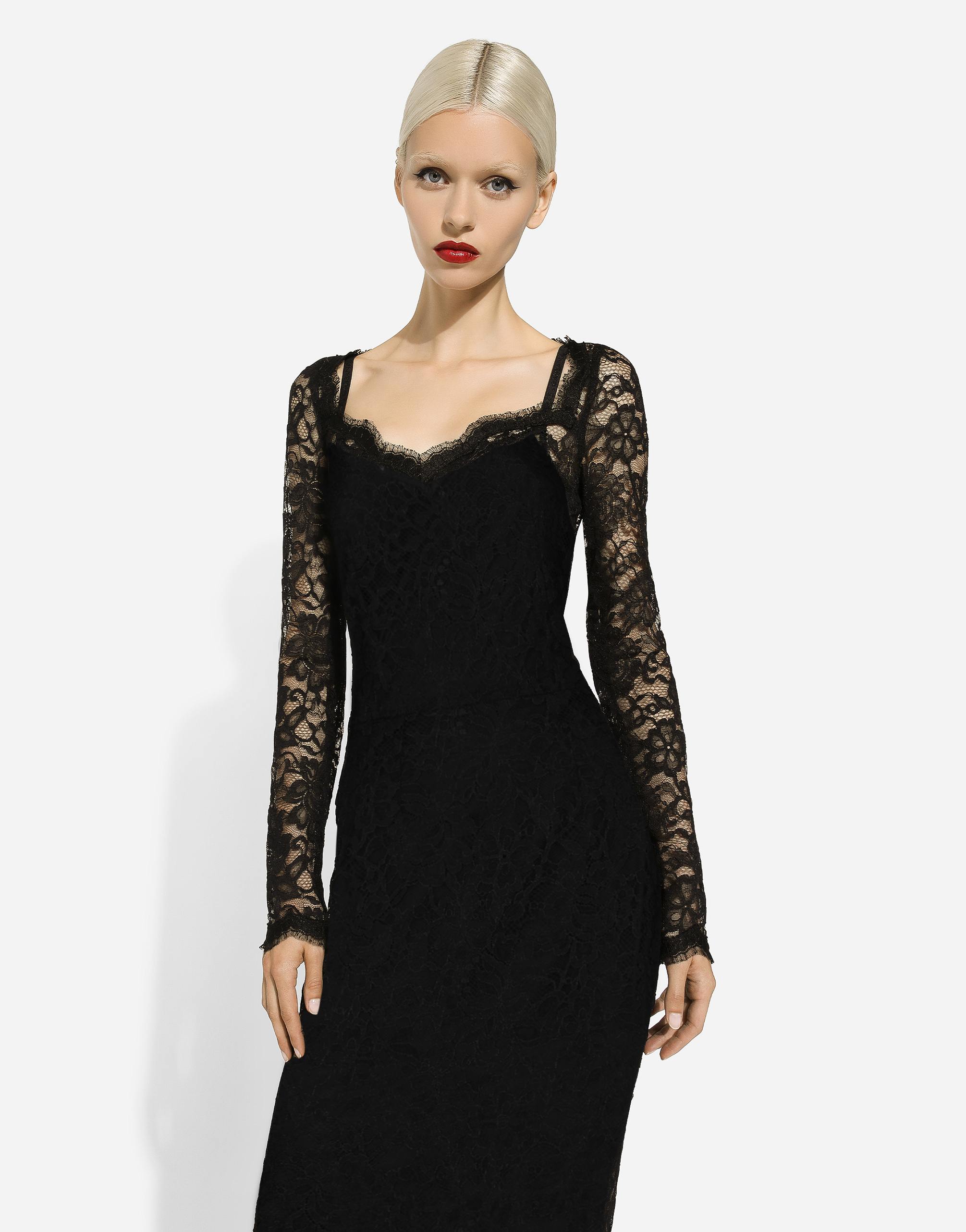 Dolce & Gabbana Midi Dress In Floral Chantilly Lace In Black
