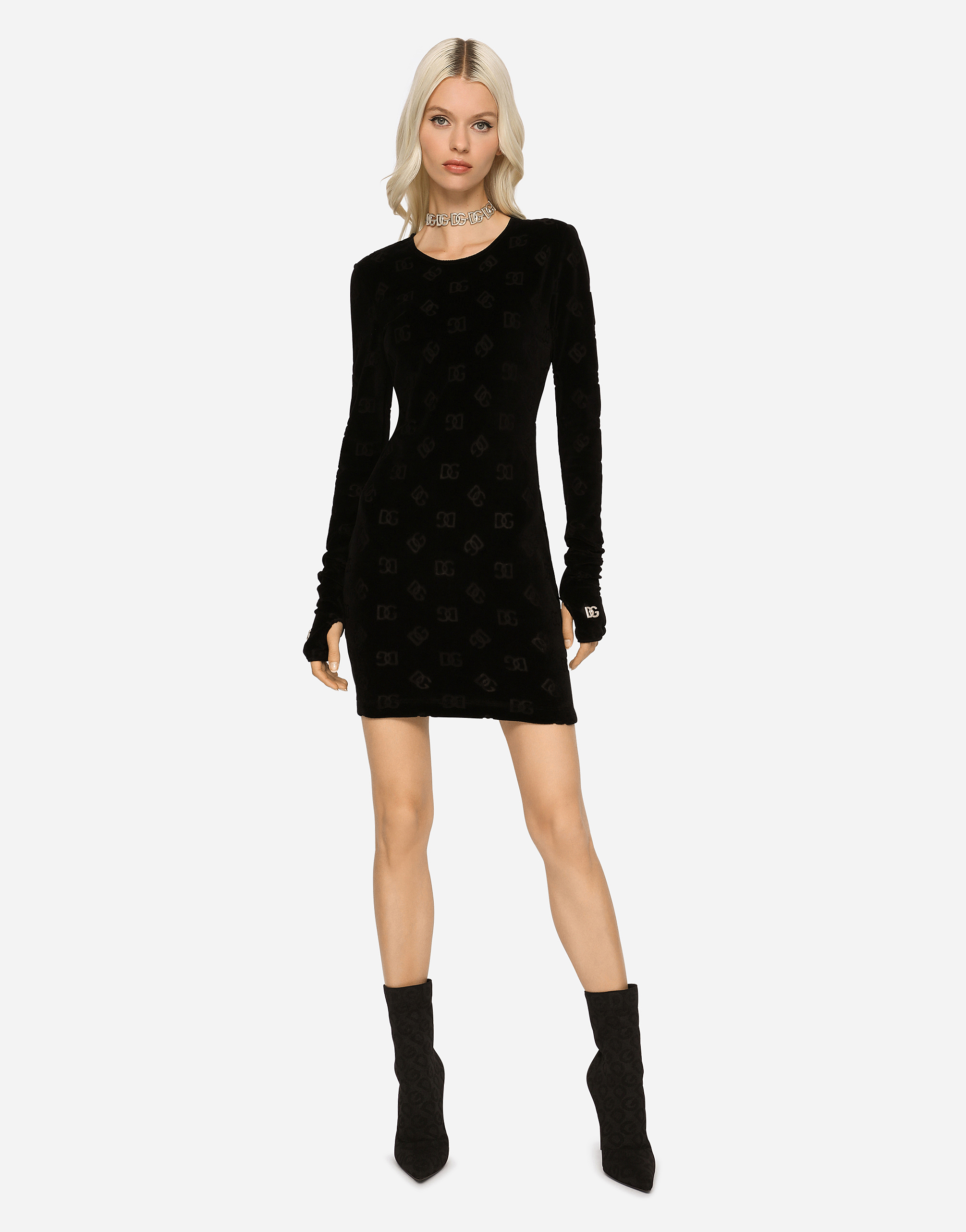 Dolce & Gabbana Short Flocked Jersey Dress With All-over Dg Logo In Black
