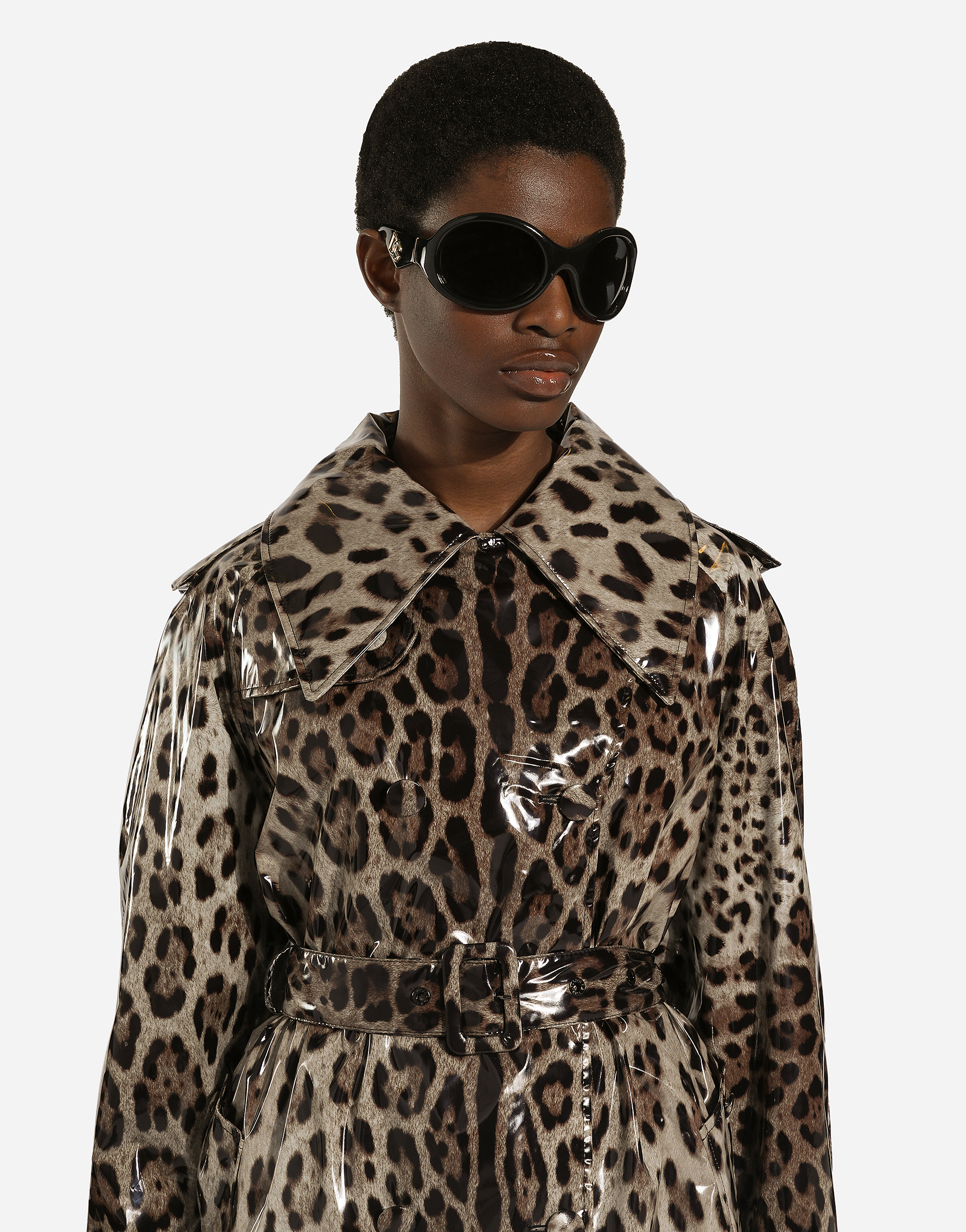 Leopard-print coated satin trench coat
