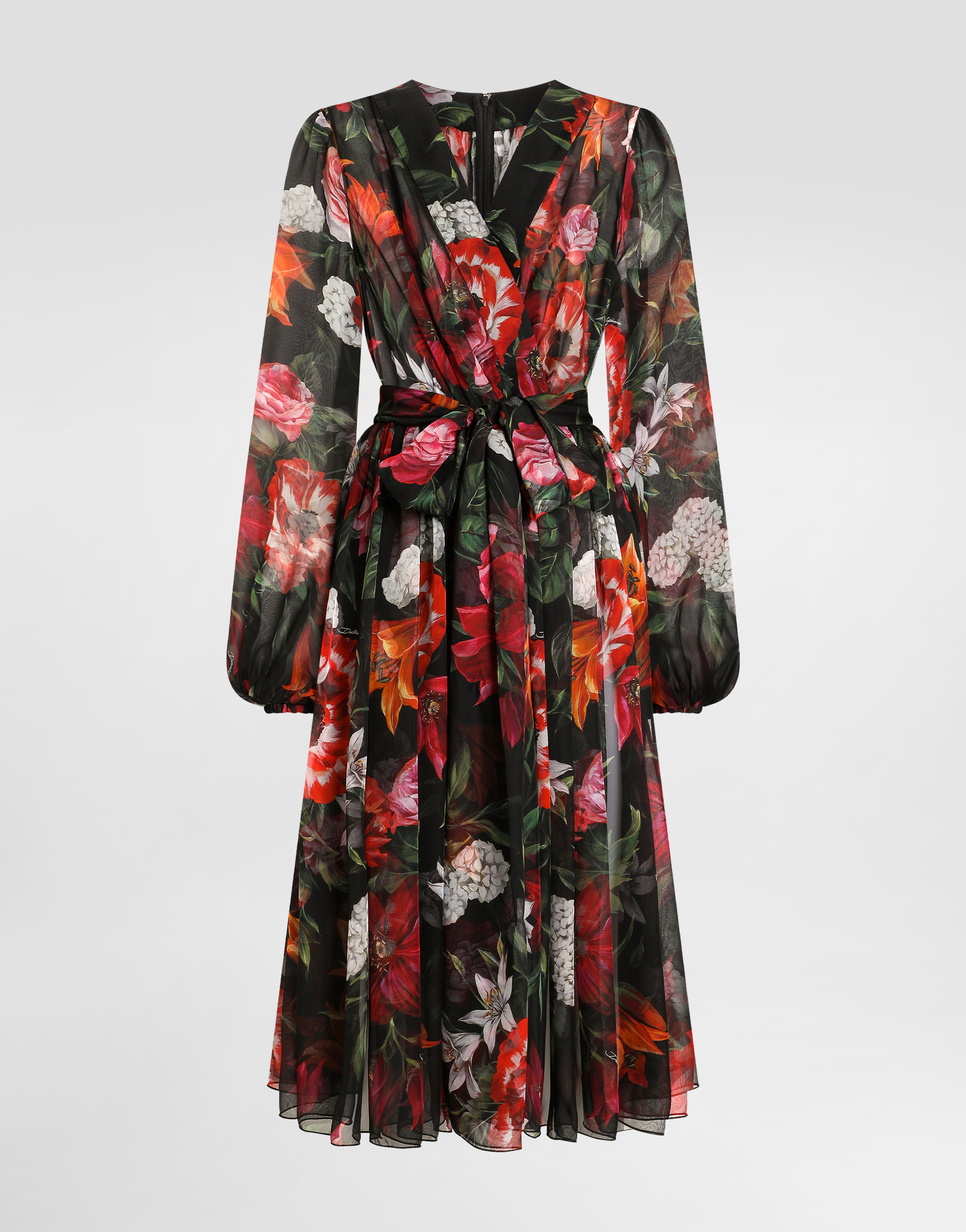 Dolce & Gabbana Belted Ruffled Floral-print Silk-chiffon Midi Dress In Multi