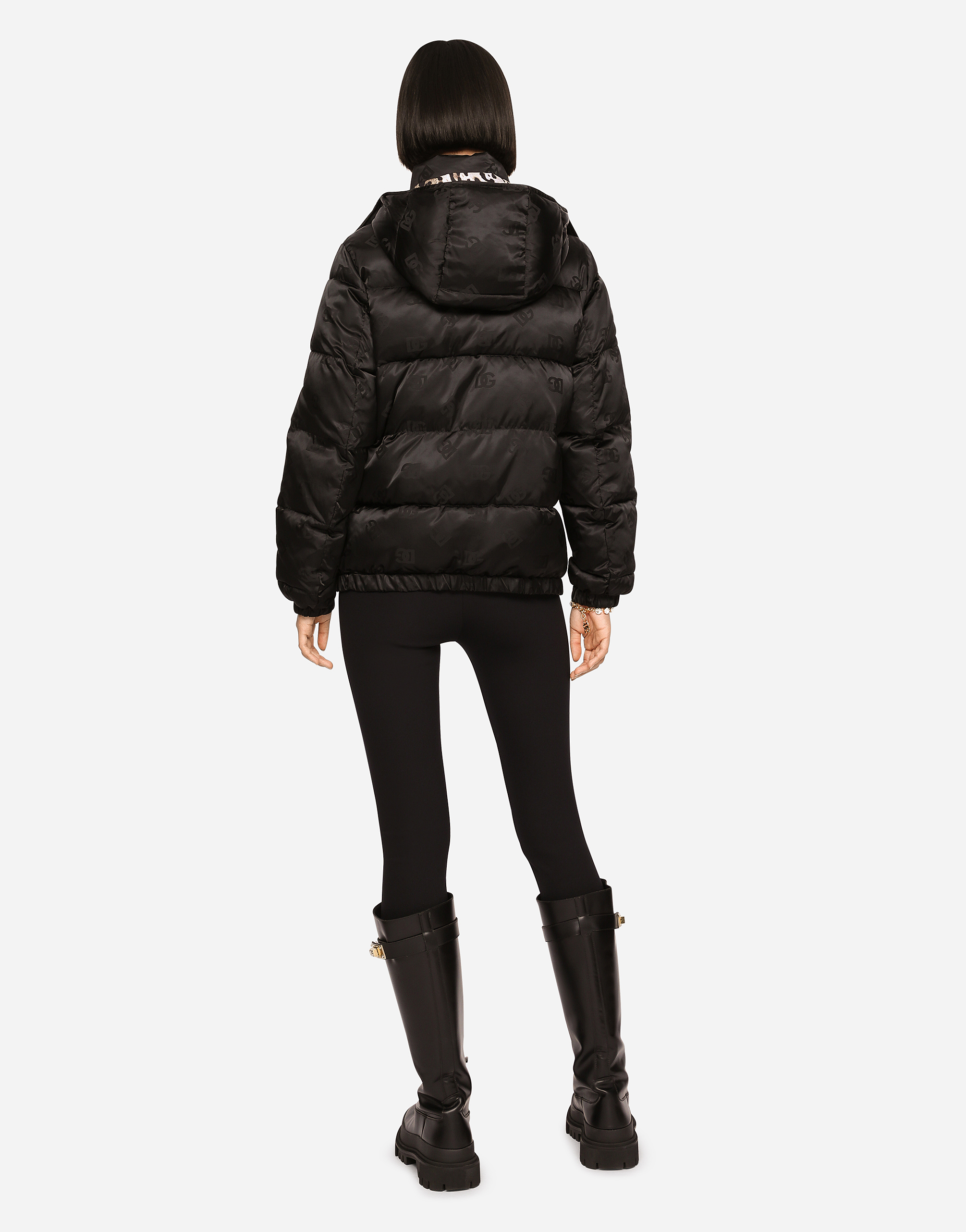 Dolce & Gabbana Satin Jacquard Down Jacket With All-over Dg Logo In Black