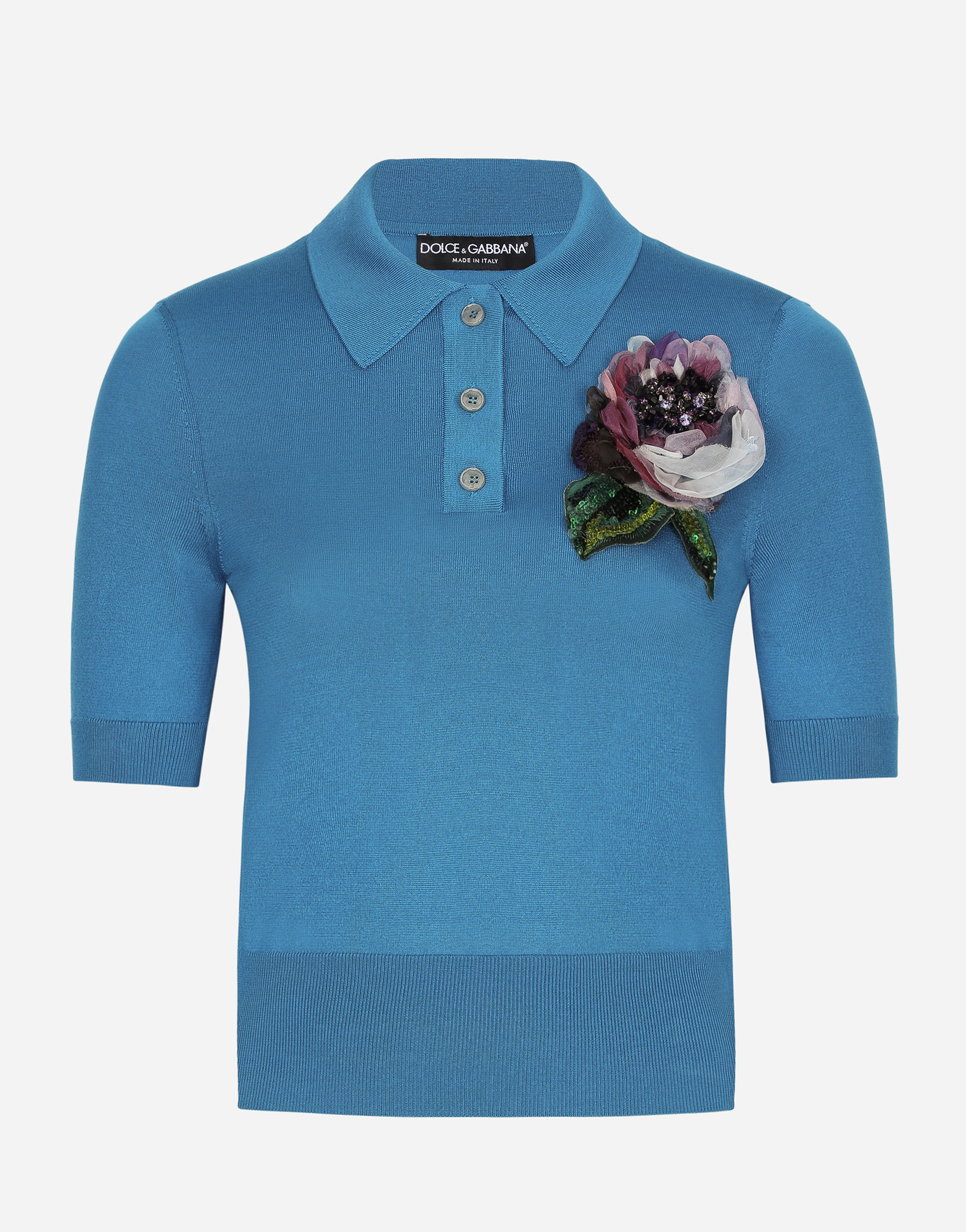Dolce & Gabbana Silk Henley Top With Floral Applique Detail In グリーン