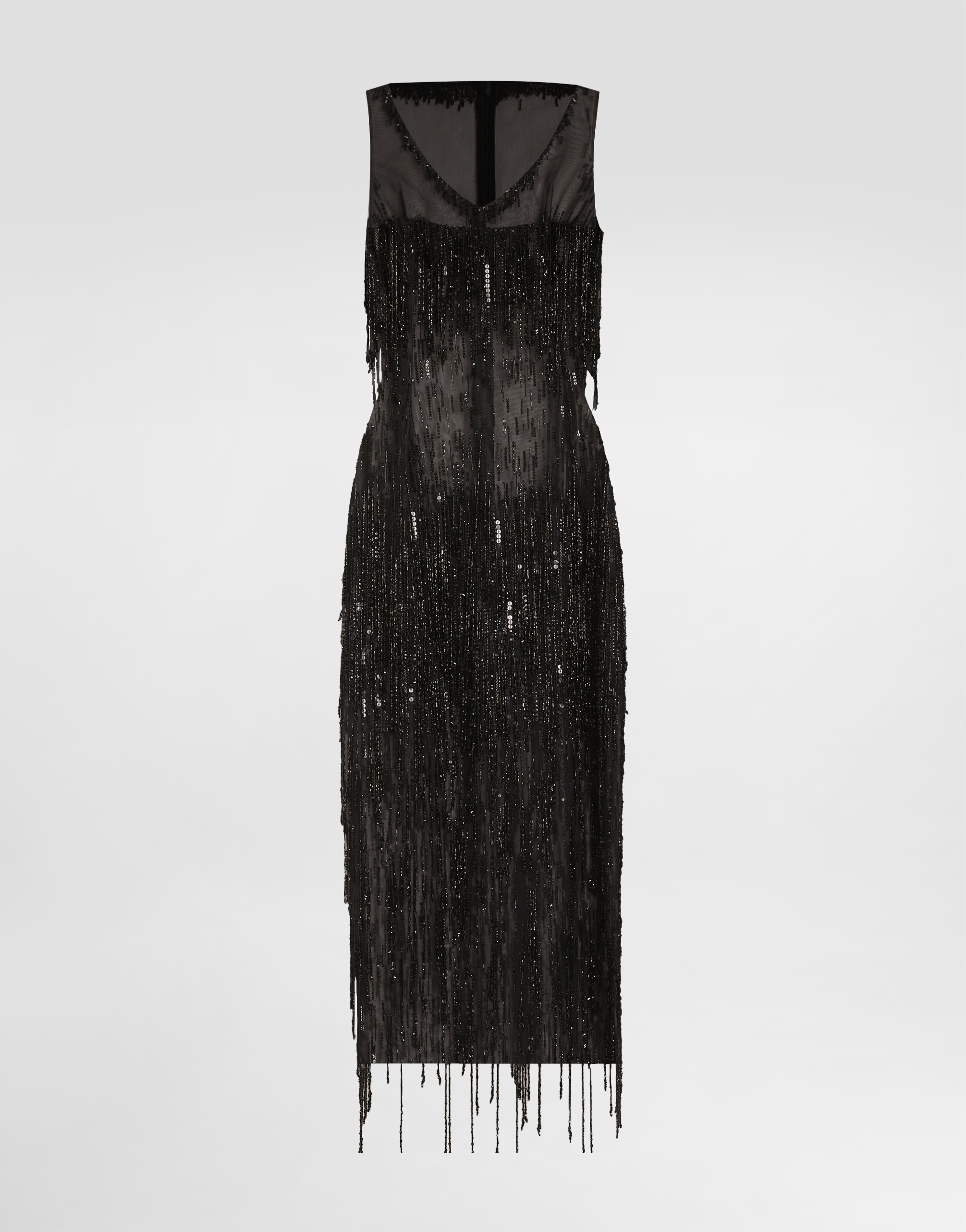 Dolce & Gabbana Sleeveless Calf-length Marquisette Dress With Sequined Fringing - Woman Dresses Black