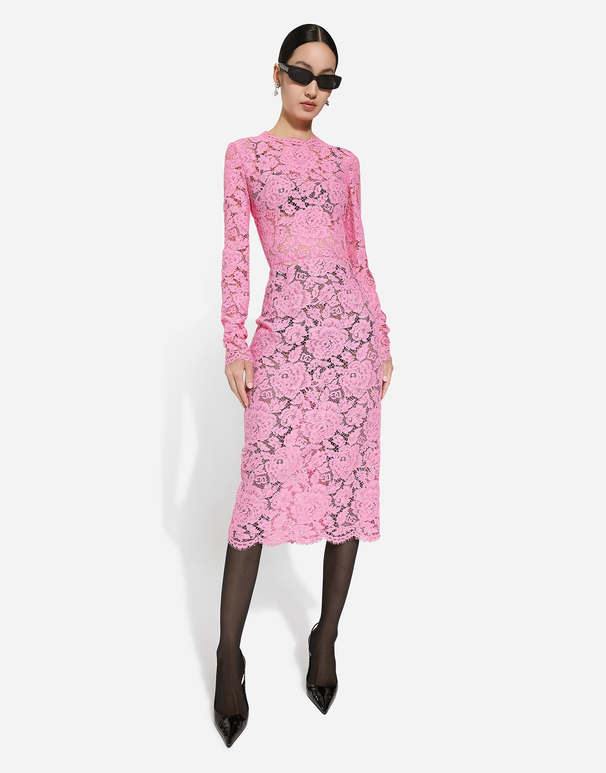 Shop Dolce & Gabbana Branded Floral Cordonetto Lace Sheath Dress In Pink