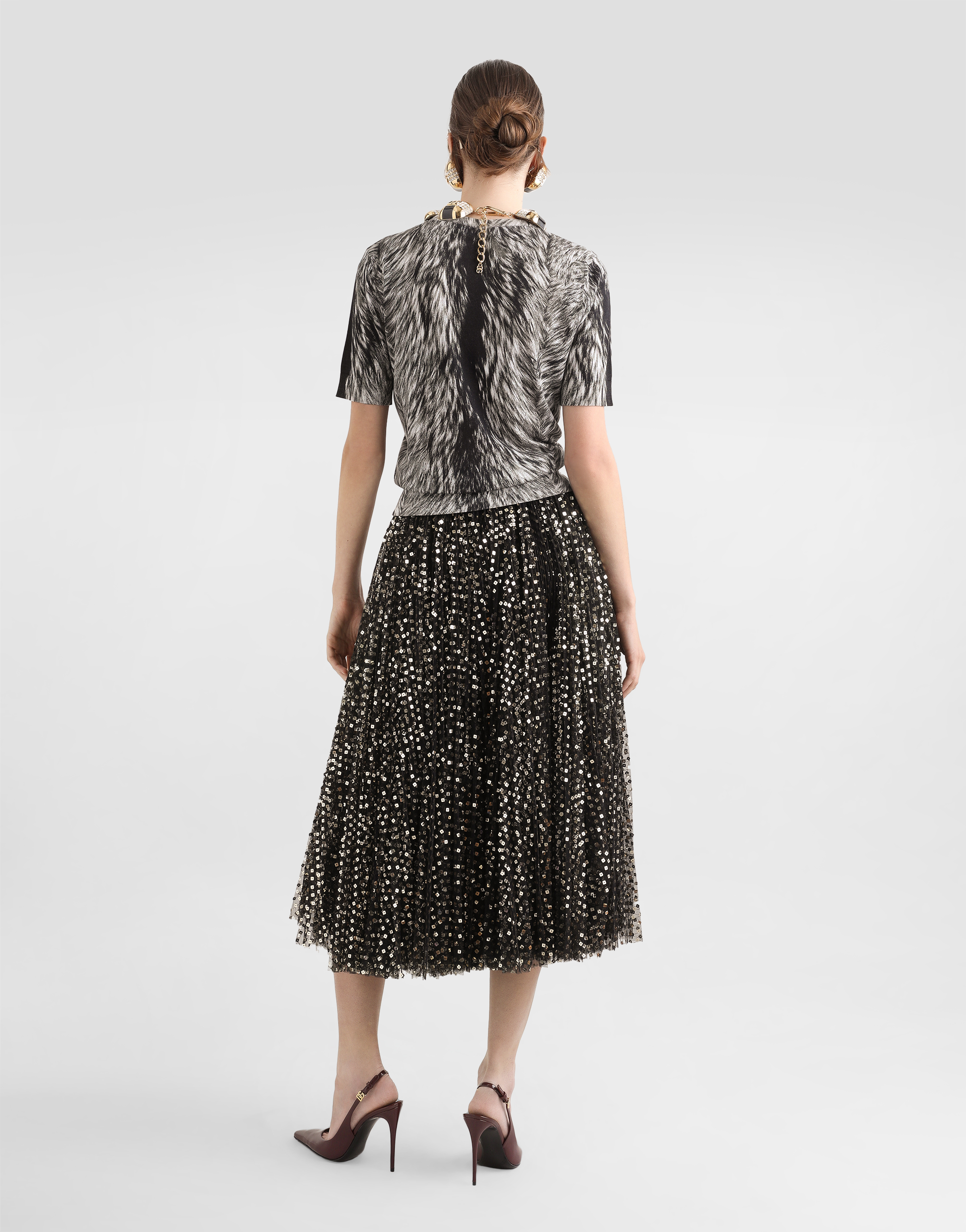 Dolce & Gabbana Tulle Midi Circle Skirt With Micro-sequin Embroidery In Gold