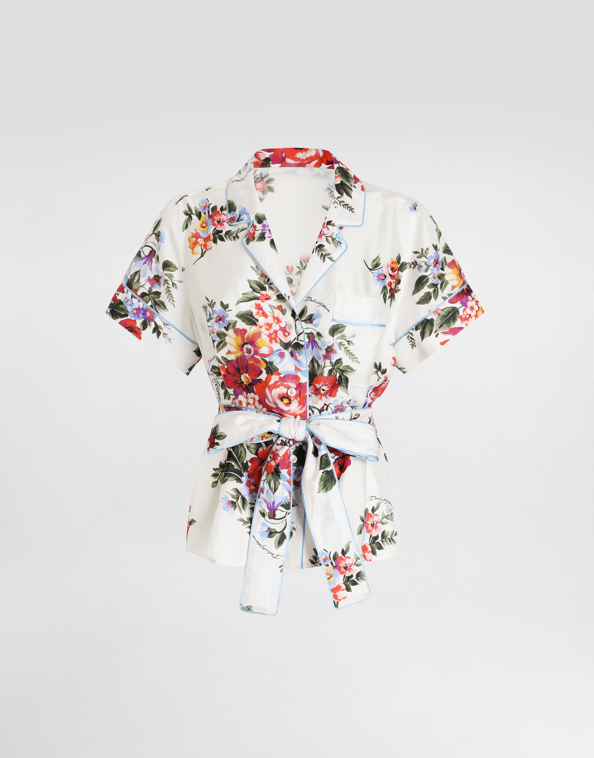 Dolce & Gabbana White Silk Kimono Shirt With Floral Print In White