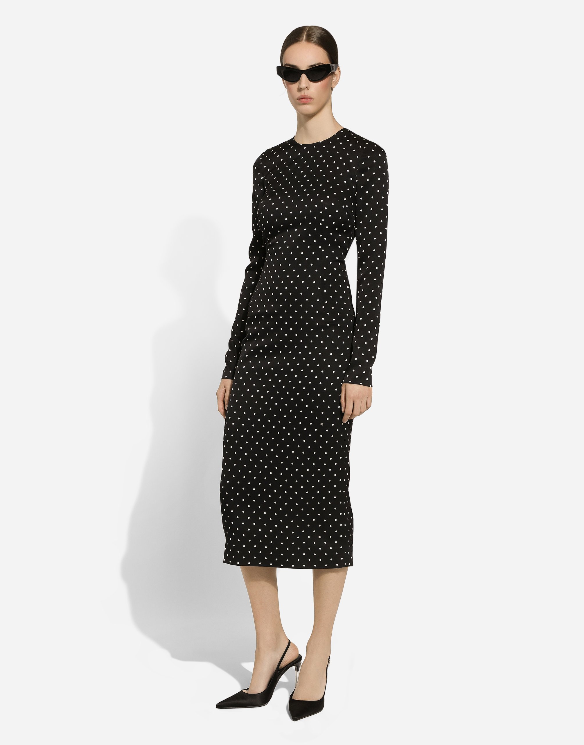 Dolce & Gabbana Charmeuse Calf-length Sheath Dress With Polka-dot Print In プリ