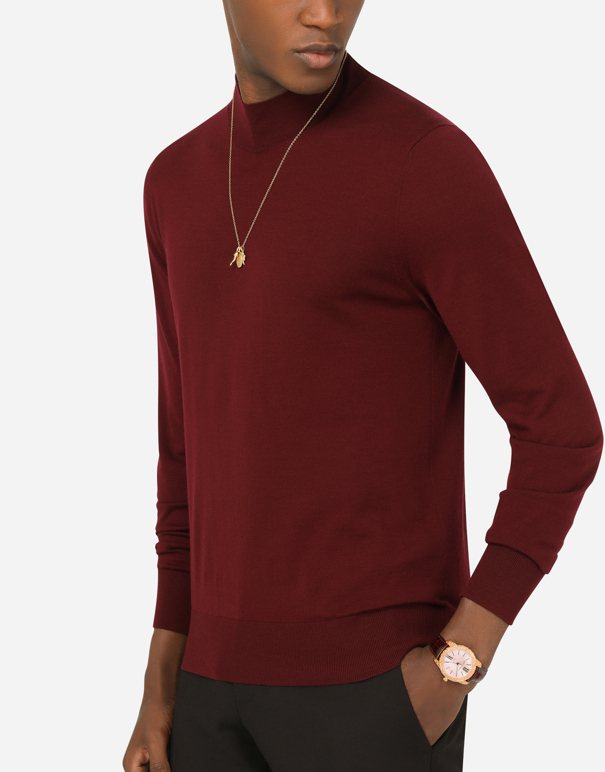 DOLCE & GABBANA DEVOTION YELLOW AND RED GOLD ROUNDED RECTANGULAR PENDANT WITH A RED GOLD VIRGIN MARY MEDALLION, HORN