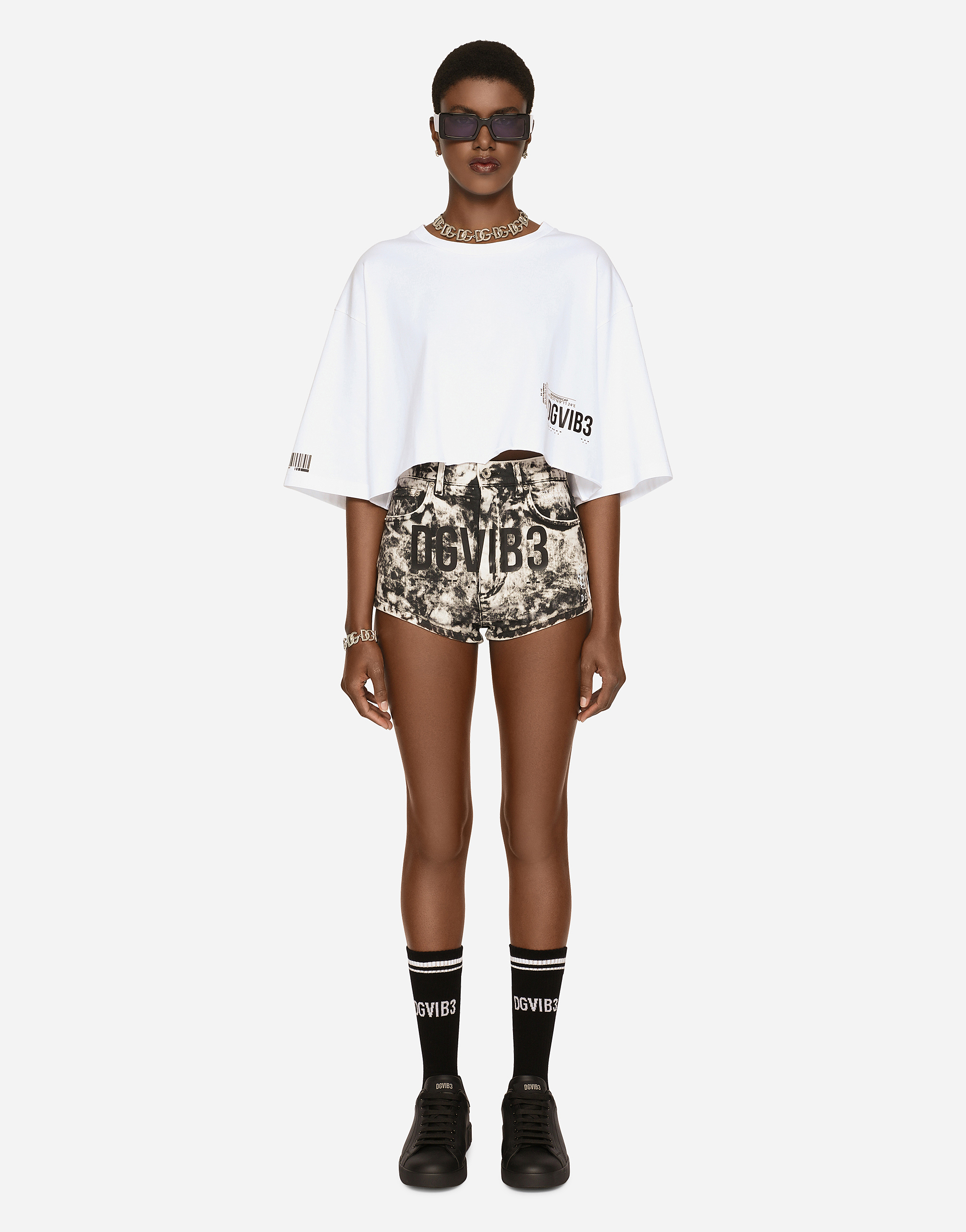 Dolce & Gabbana Cropped Short-sleeved Cotton Jersey T-shirt With Round Neck In White