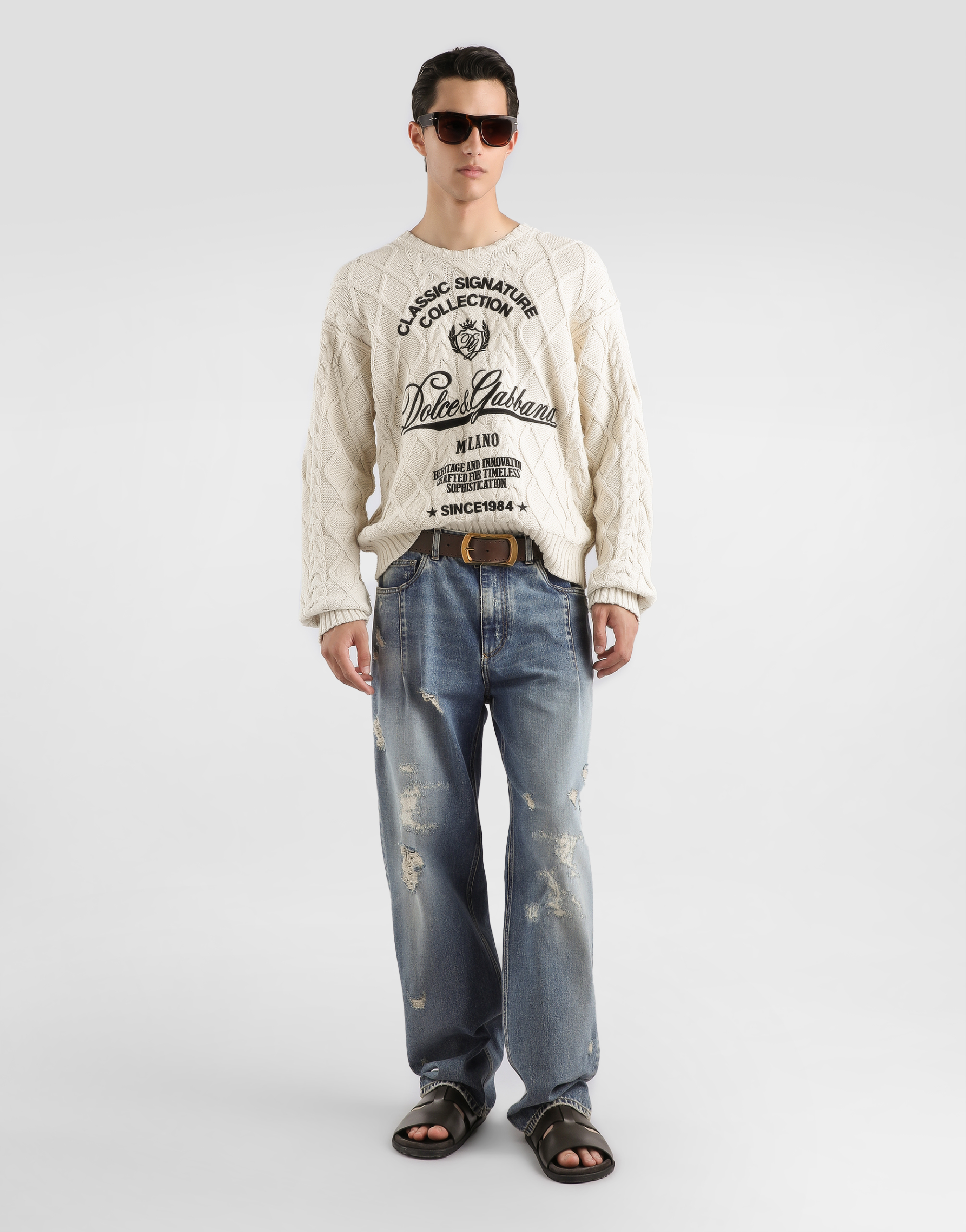 Dolce & Gabbana Oversized Pullover With Interwoven Pattern Clothing In Neutral