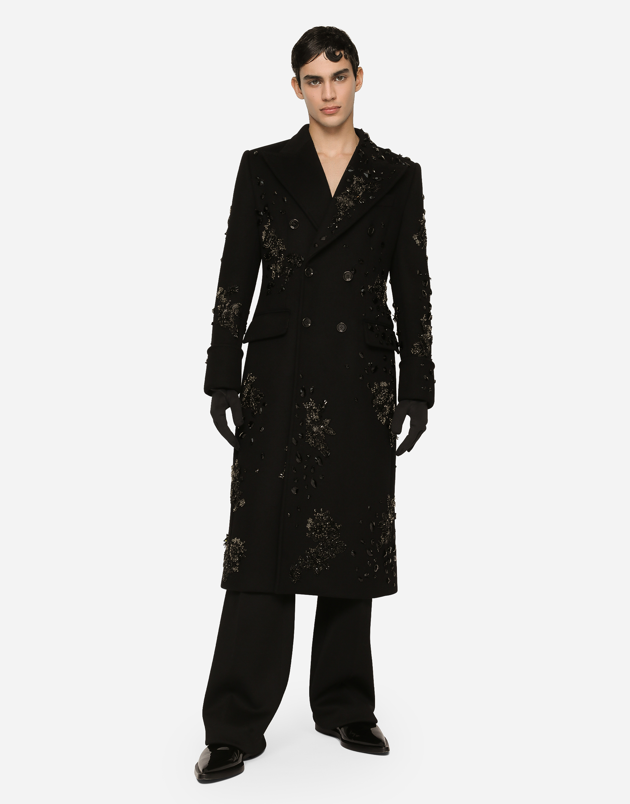 DOLCE & GABBANA DOUBLE-BREASTED COAT WITH EMBROIDERY AND STONES