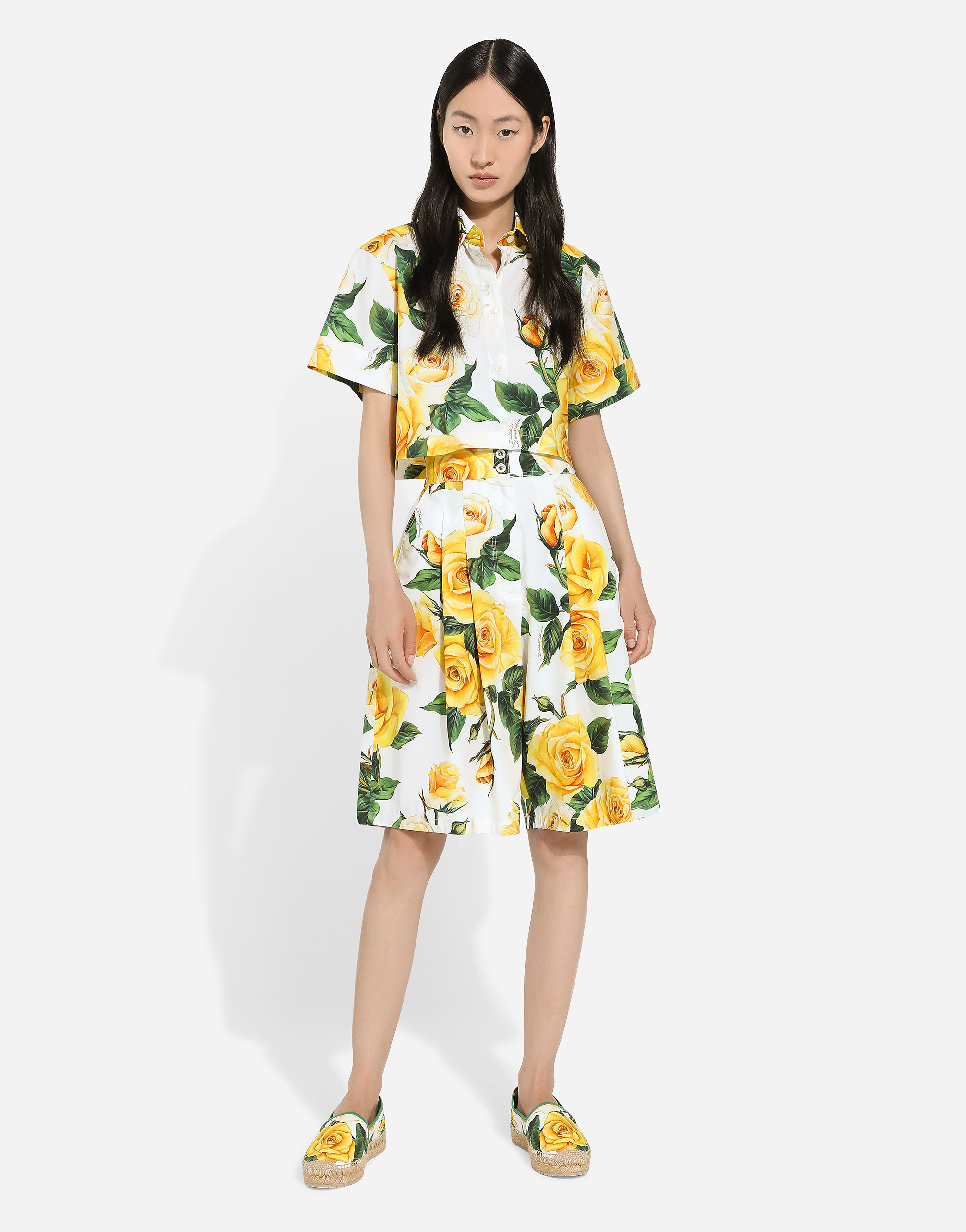 Shop Dolce & Gabbana Short Cotton Shirt With Yellow Rose Print